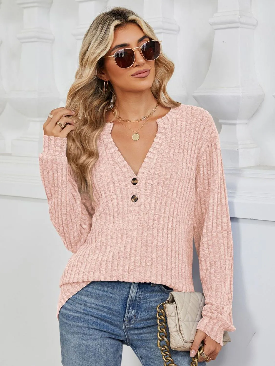 Mindy Ribbed Notched Long Sleeve T-Shirt -Ships 8/5