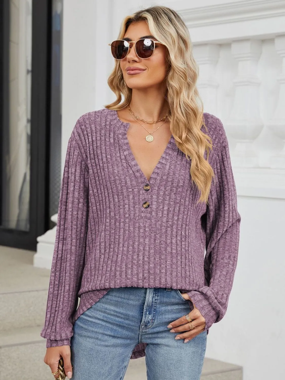 Mindy Ribbed Notched Long Sleeve T-Shirt -Ships 8/5