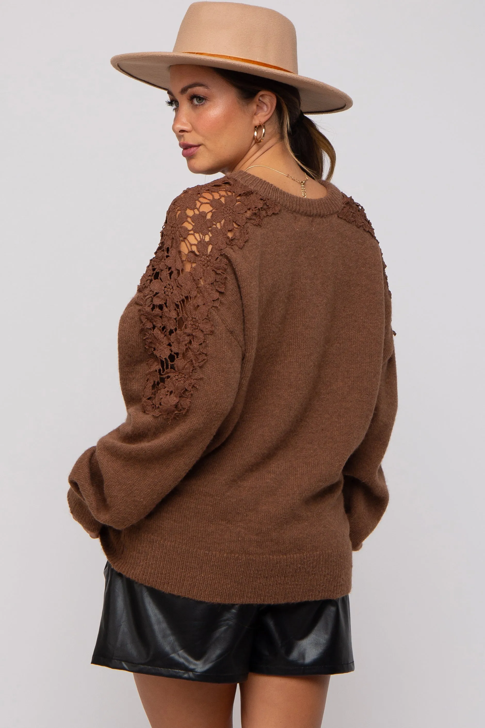 Mocha Crochet Lace Shoulder Maternity Sweater