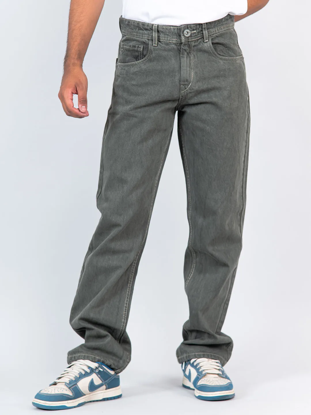 Olive Green Straight Fit Mens Jeans