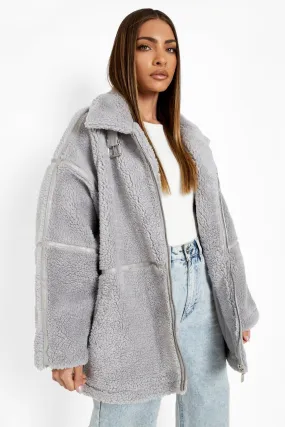 Oversized Buckle Detail Teddy Coat