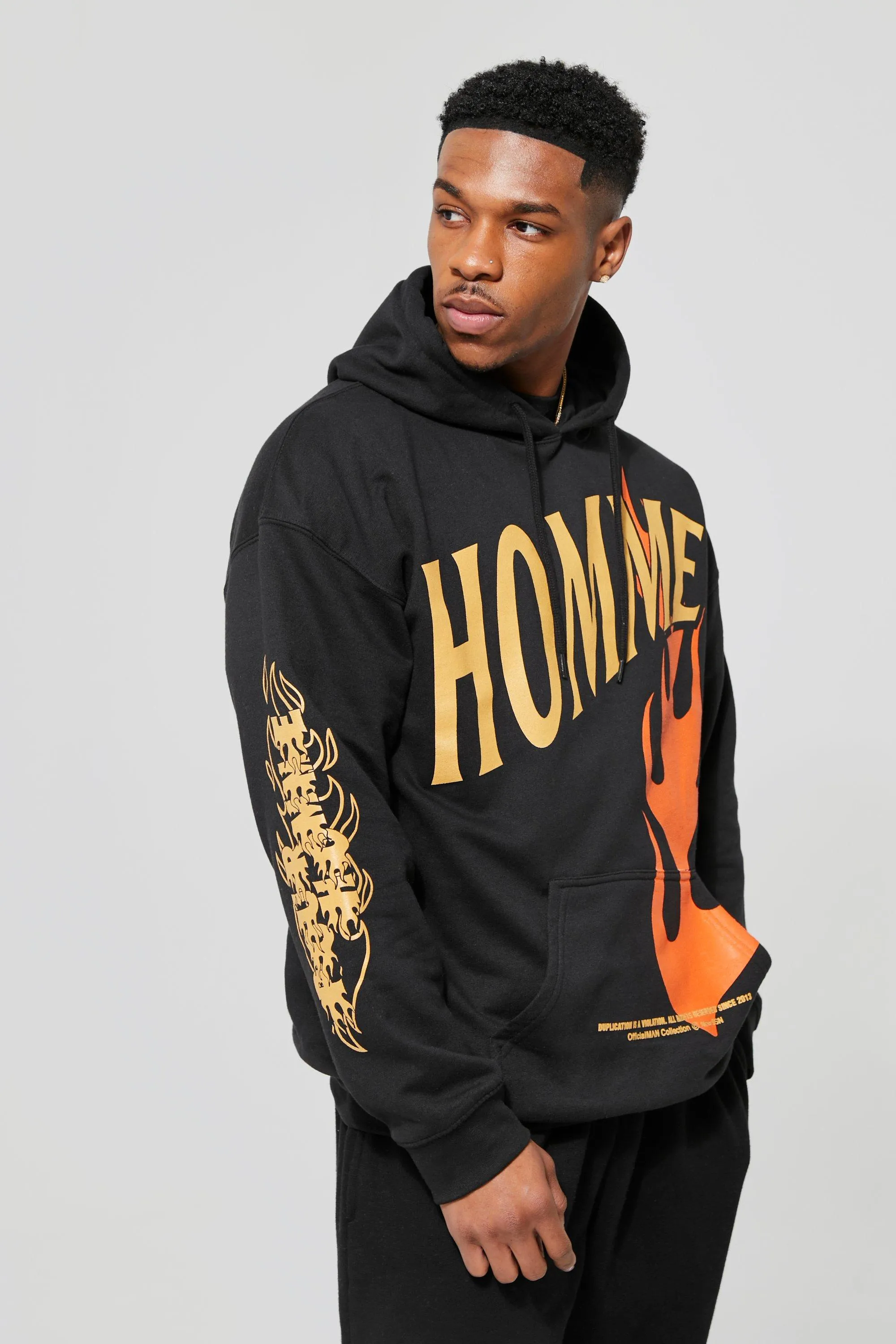 Oversized Homme Flame Print Hoodie