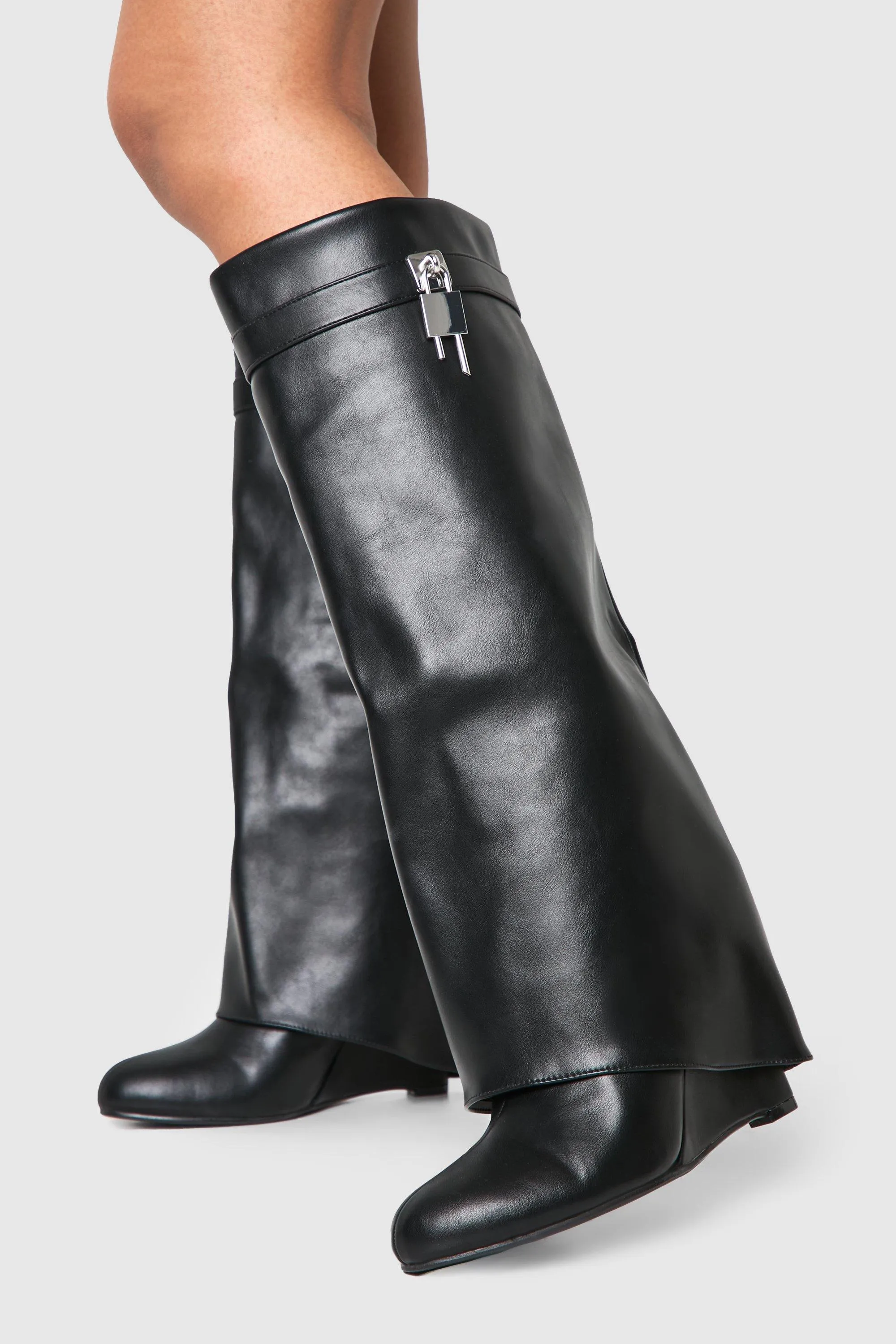 Padlock Detail Wedge Fold Over Knee Boots