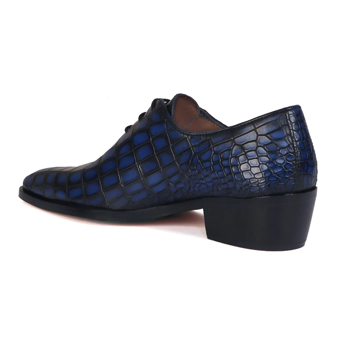 Perfect Cuban Heel Smokey Blue Cut Croco Textured Oxfords Leather Lace Up Formal Shoes For Men  by Brune & Bareskin