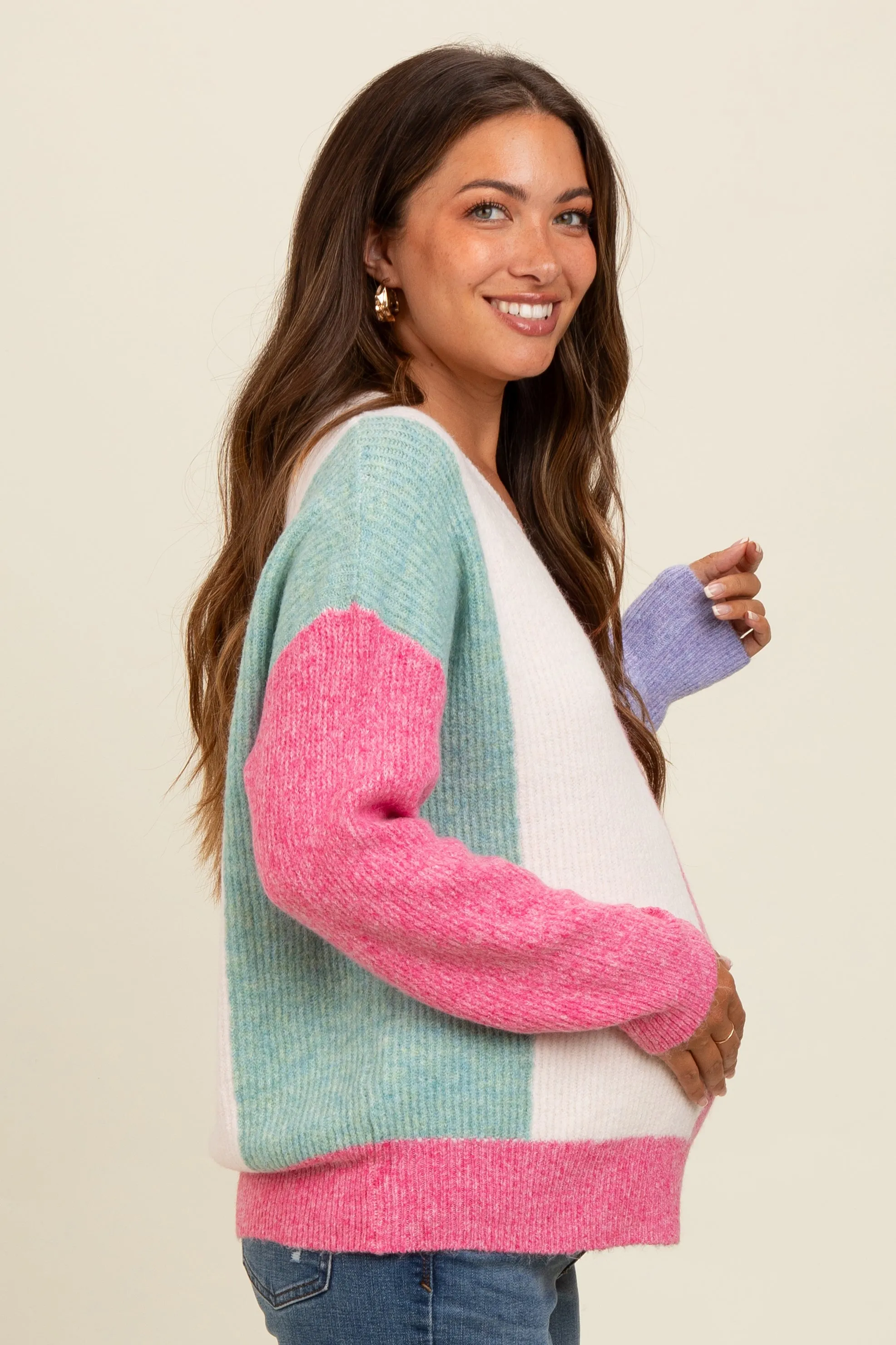 Pink Fuzzy Knit Colorblock Maternity Sweater