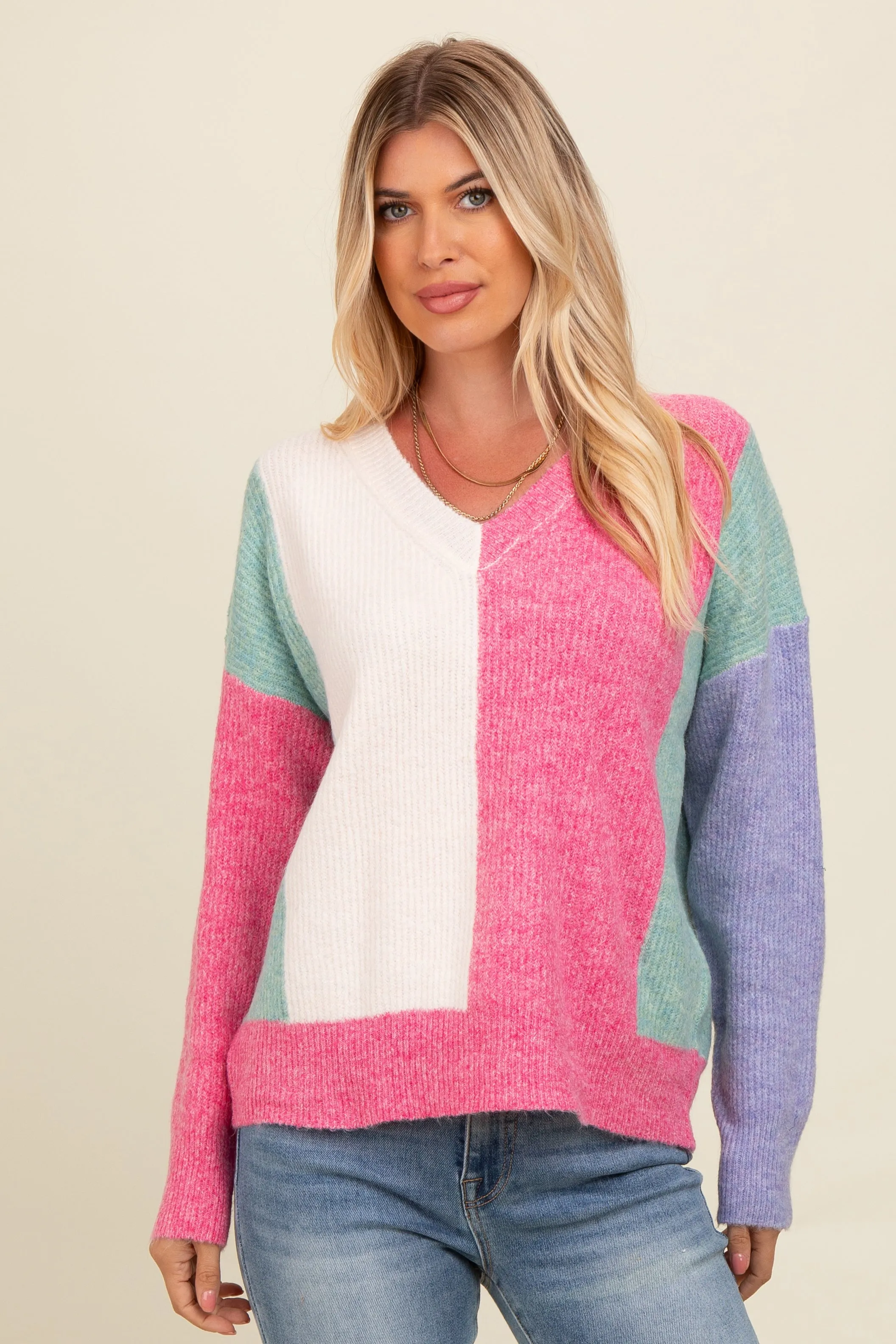 Pink Fuzzy Knit Colorblock Maternity Sweater