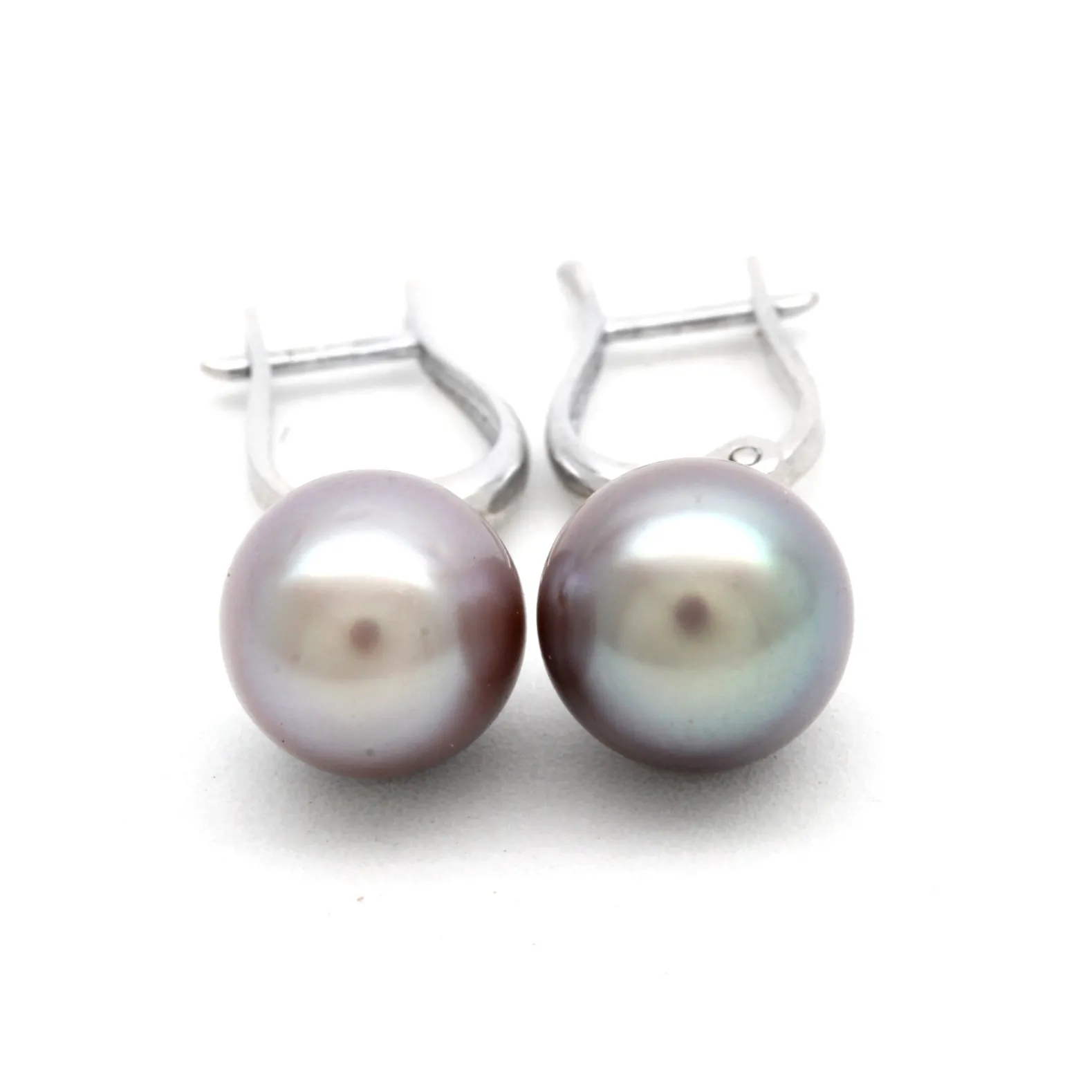 Purple with Sky Blue Pair of Cortez Pearls on Lyre 14K White Gold Earrings