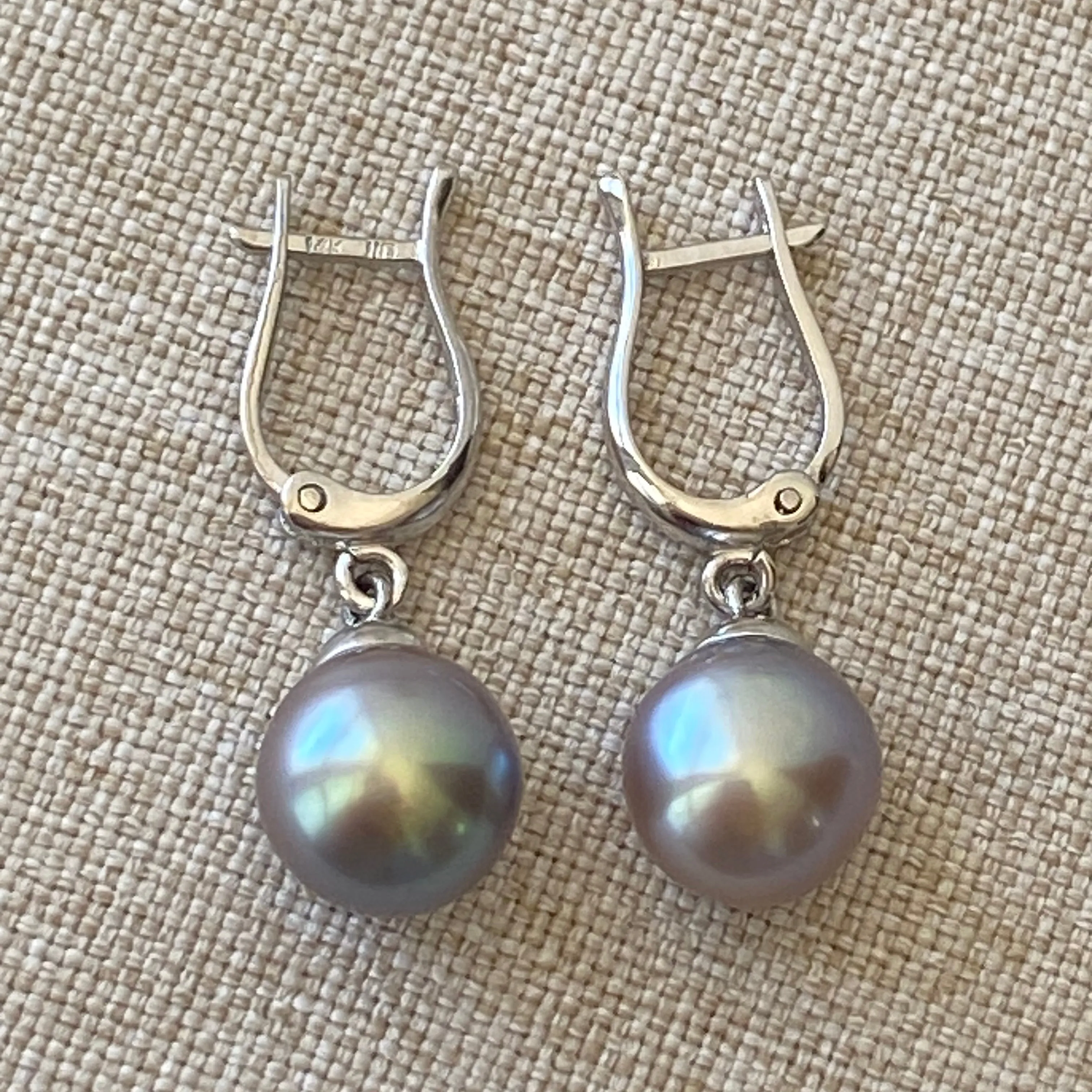 Purple with Sky Blue Pair of Cortez Pearls on Lyre 14K White Gold Earrings