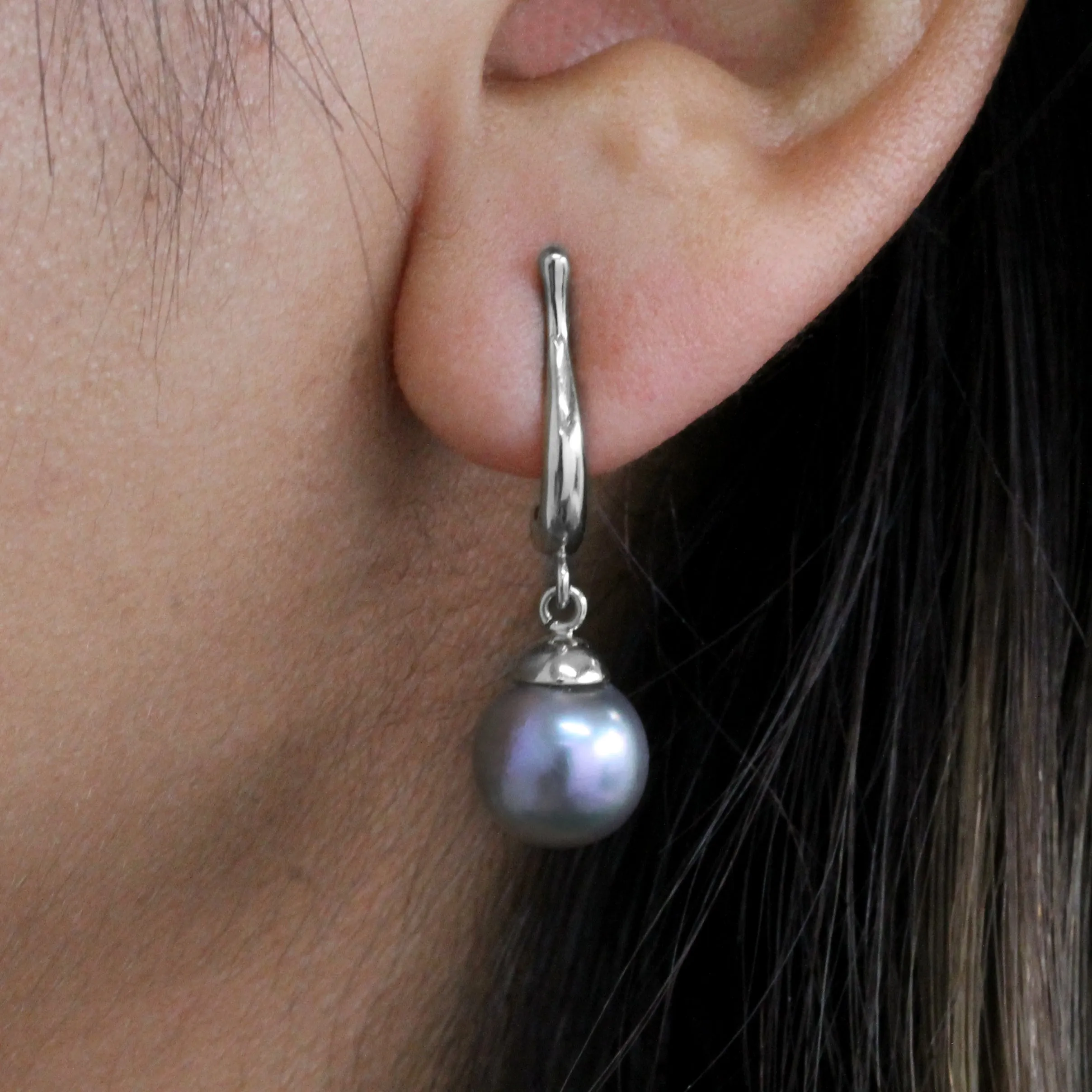 Purple with Sky Blue Pair of Cortez Pearls on Lyre 14K White Gold Earrings