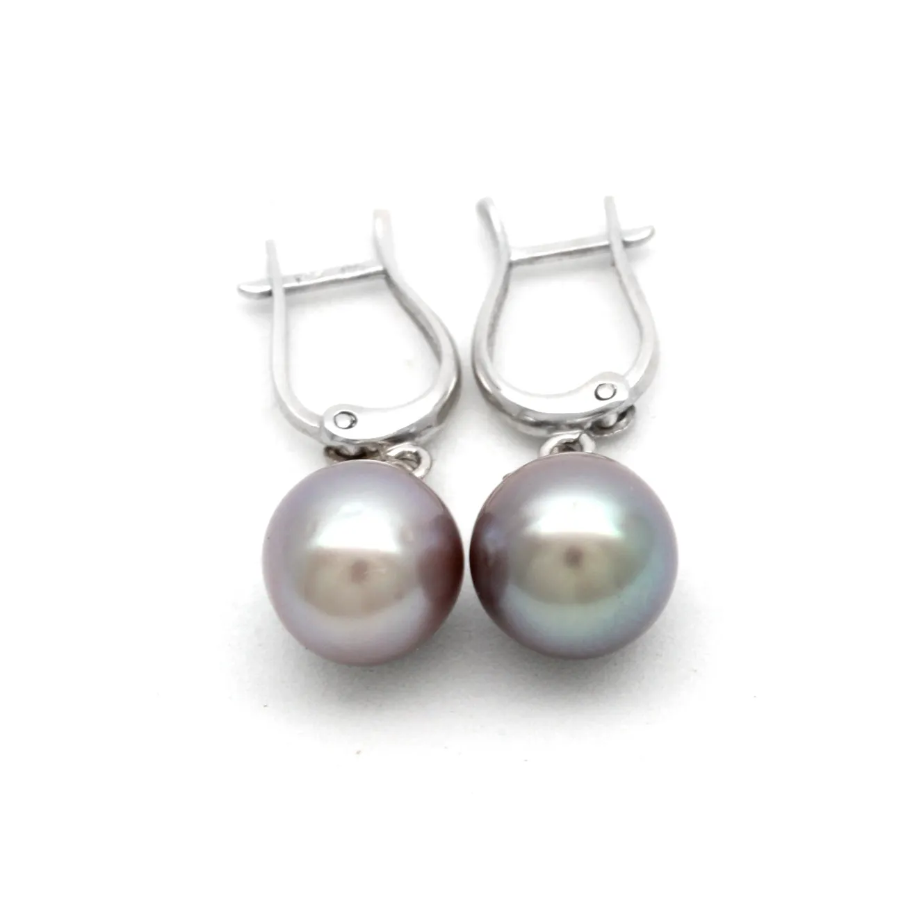 Purple with Sky Blue Pair of Cortez Pearls on Lyre 14K White Gold Earrings