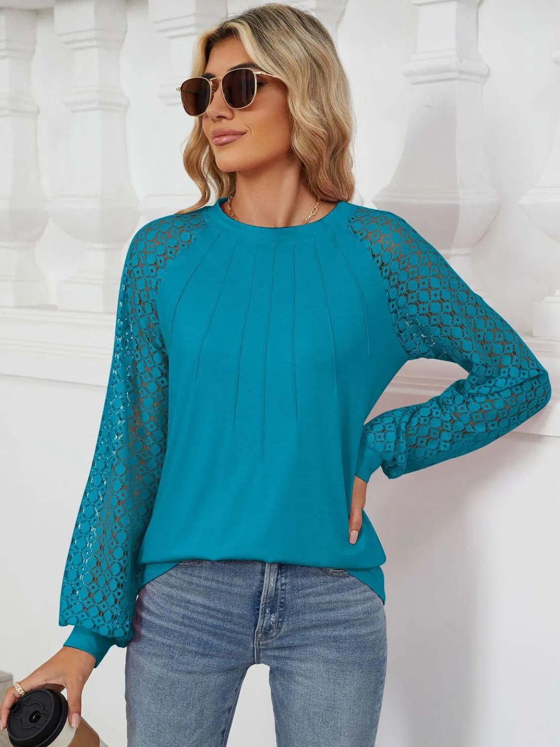 Round Neck Lace Long Sleeve Top -Restock Ships 8/5