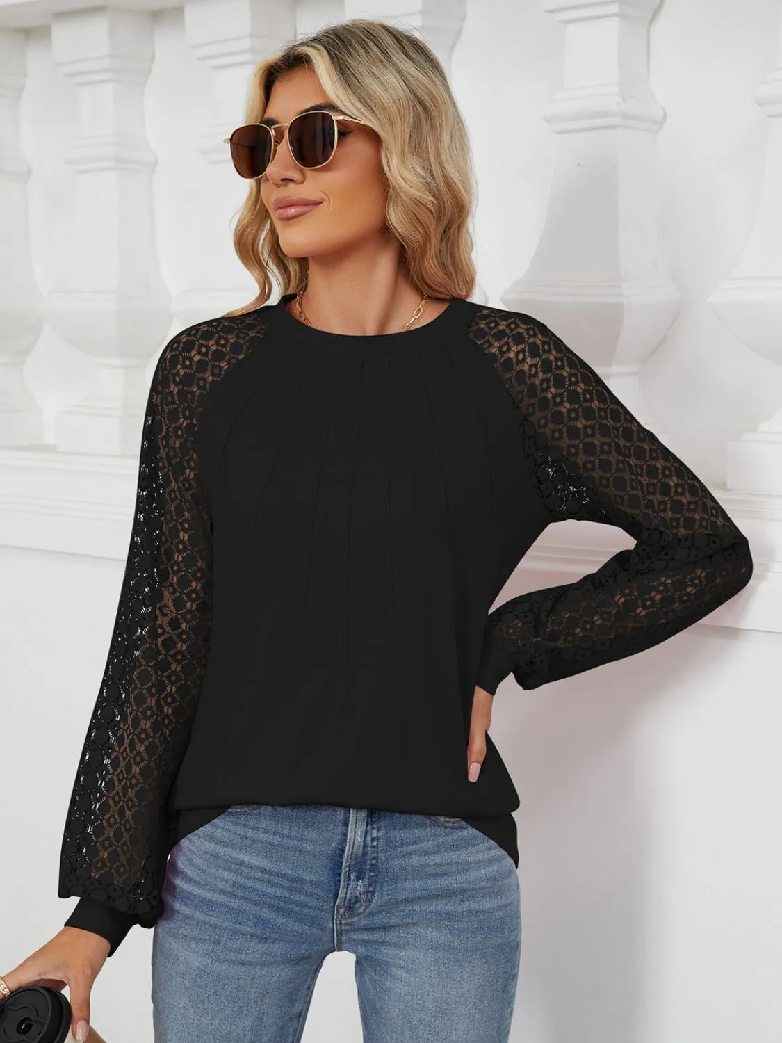 Round Neck Lace Long Sleeve Top -Restock Ships 8/5