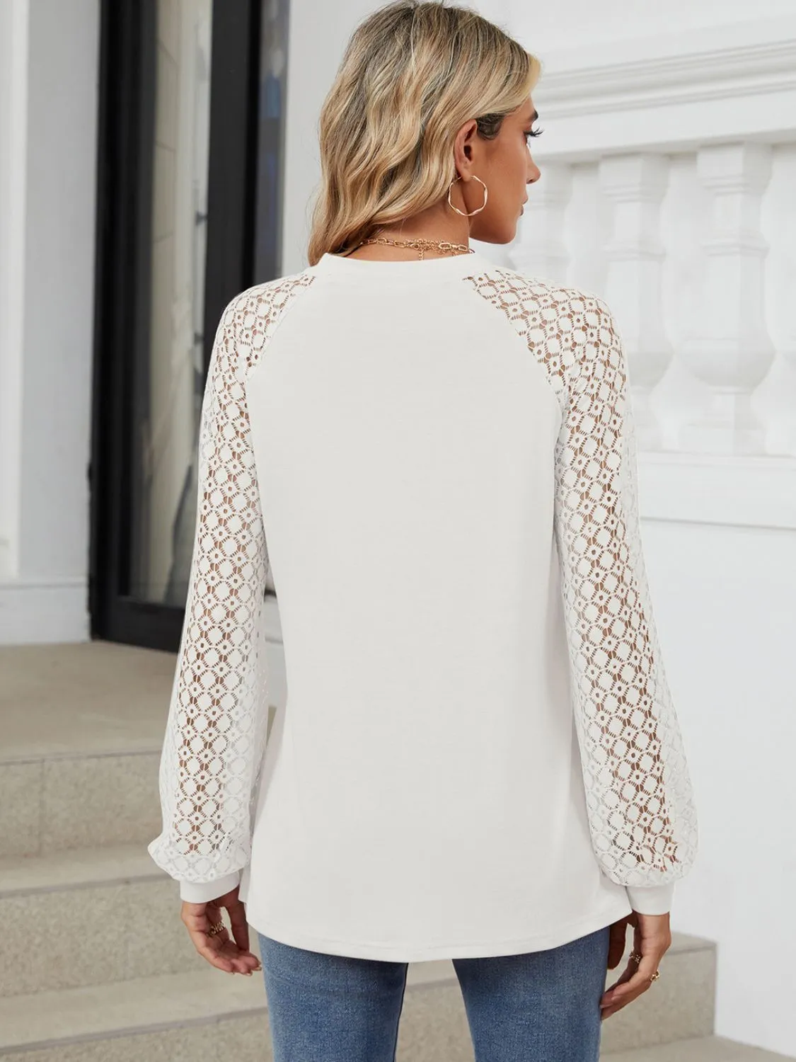 Round Neck Lace Long Sleeve Top -Restock Ships 8/5