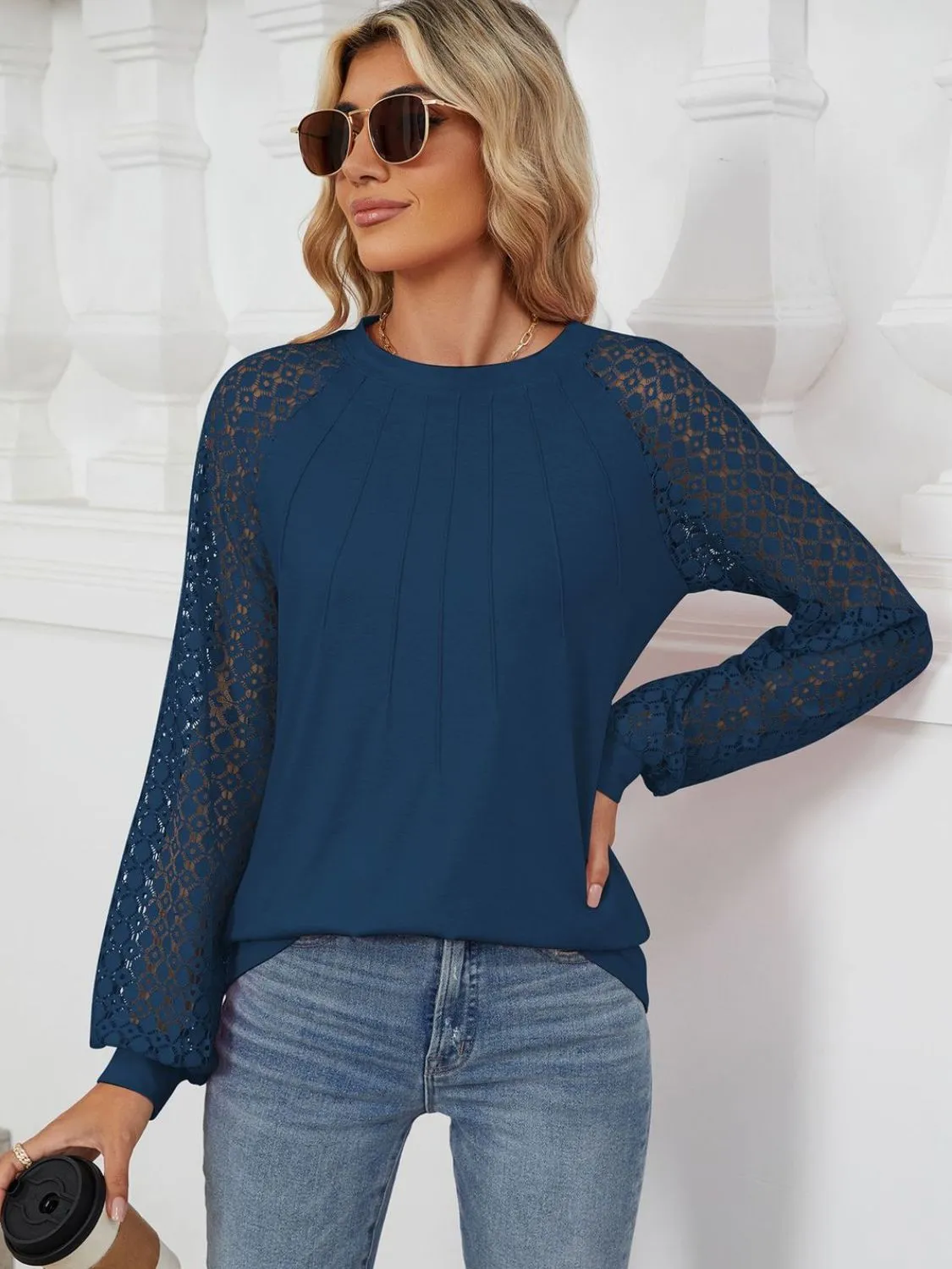 Round Neck Lace Long Sleeve Top -Restock Ships 8/5