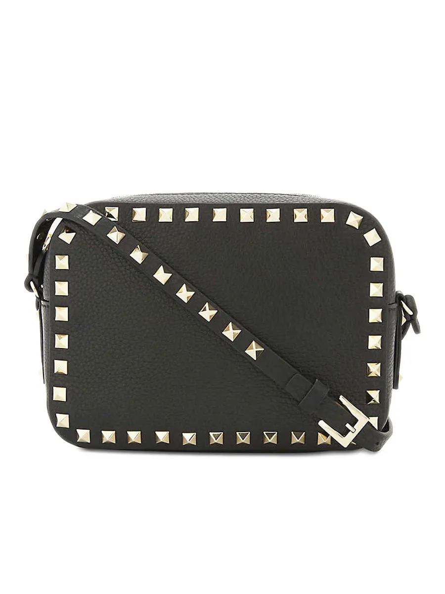 Small Rockstud Grainy Leather Crossbody Bag in Black