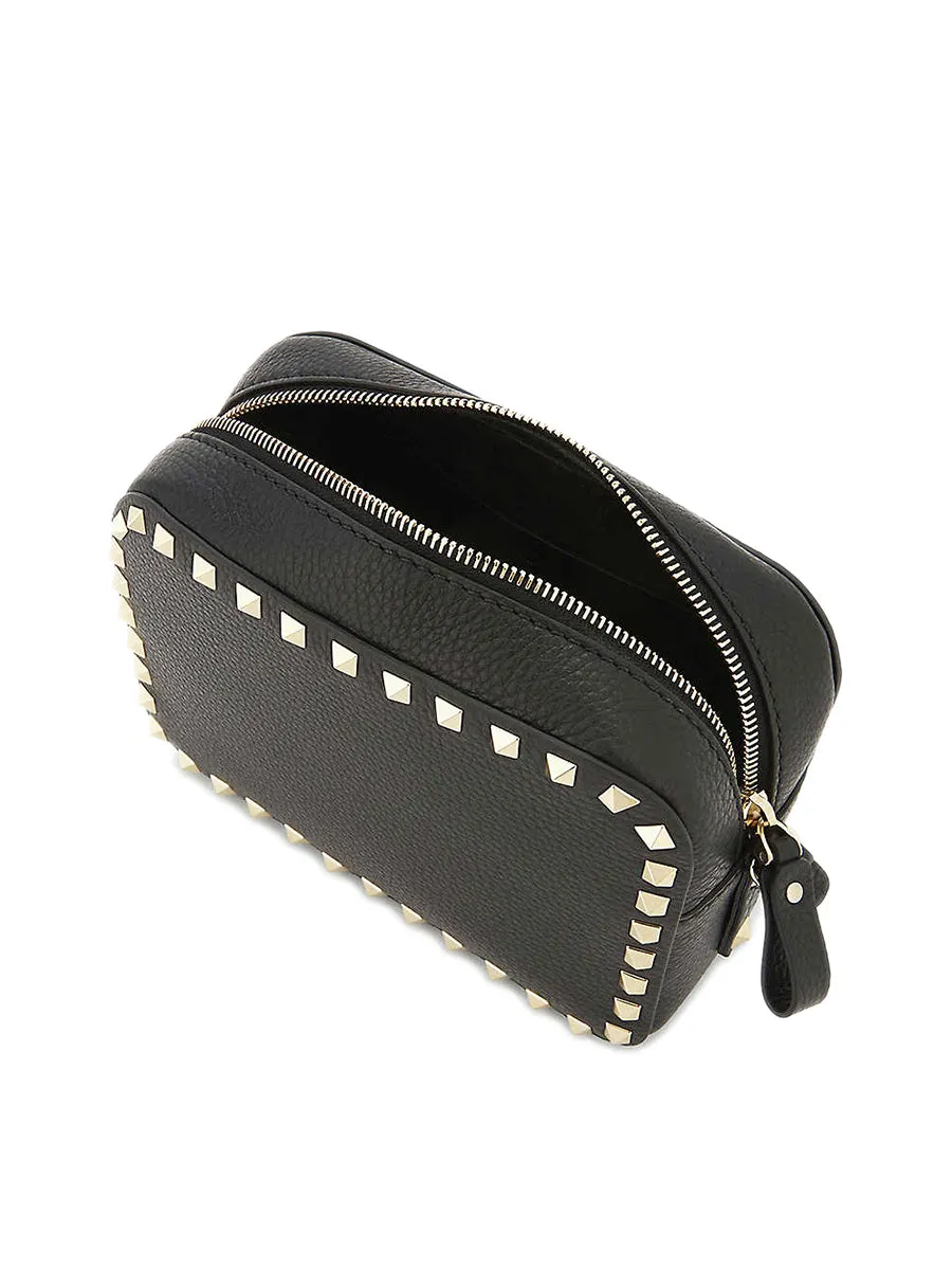 Small Rockstud Grainy Leather Crossbody Bag in Black