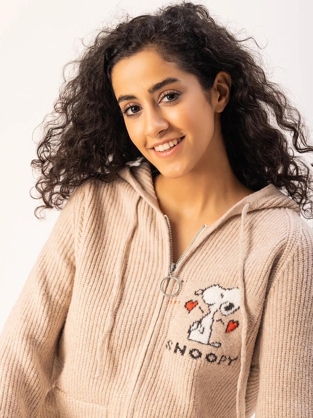 Snoopy Knit Hoodie-Cream