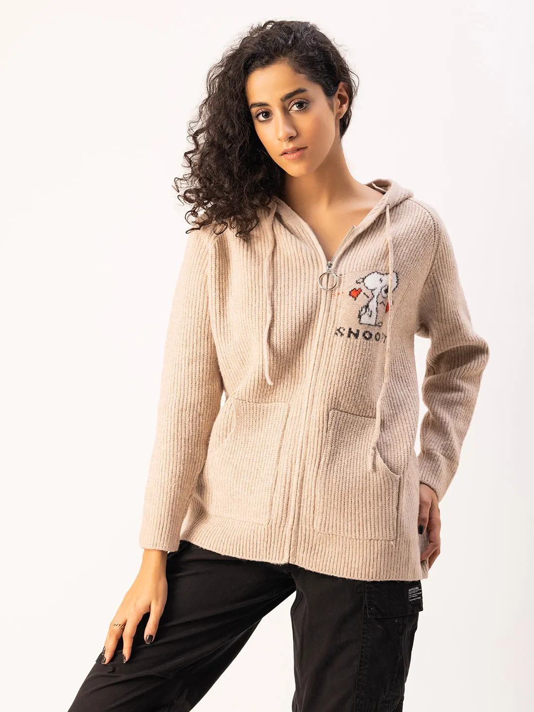 Snoopy Knit Hoodie-Cream