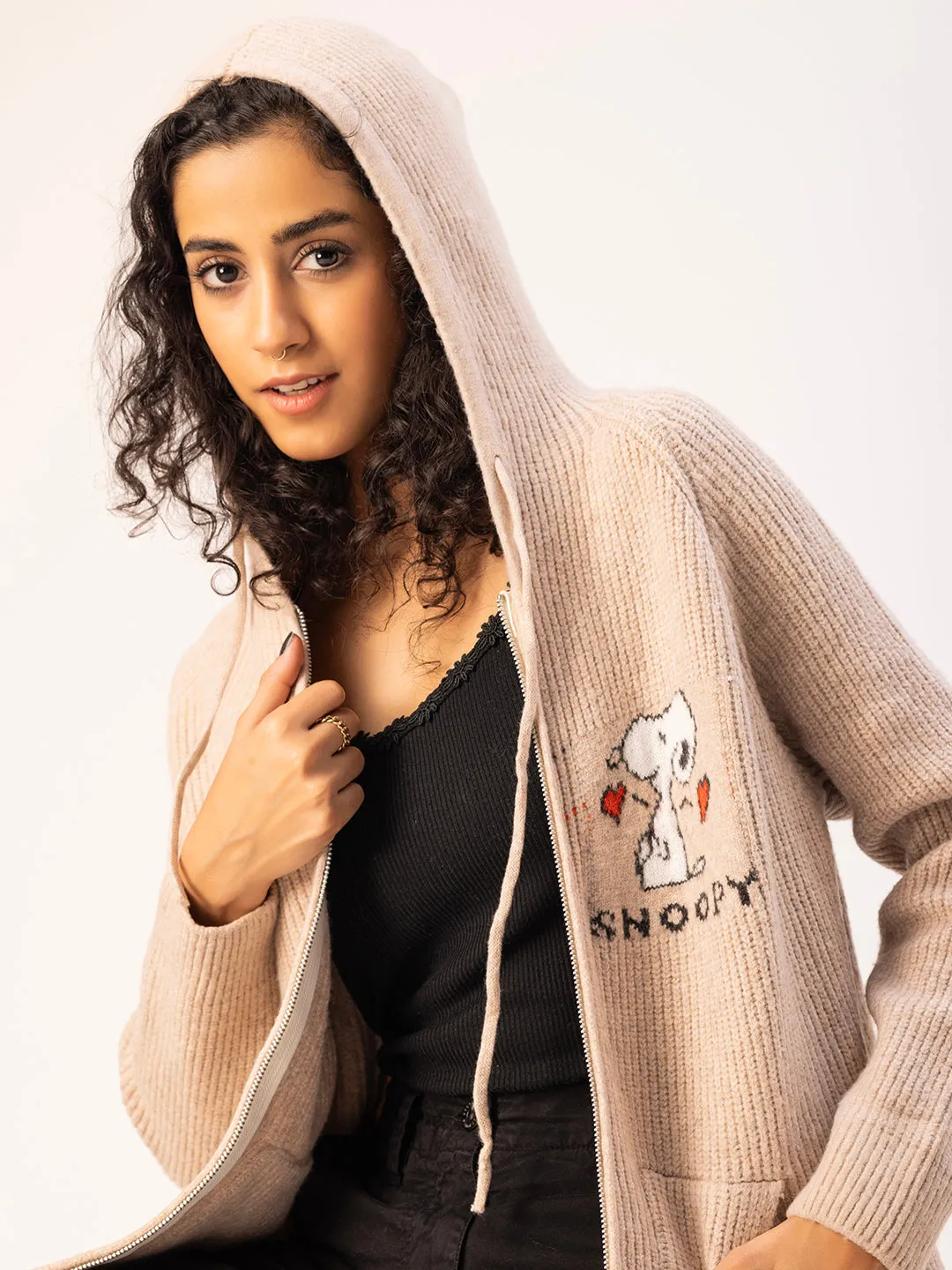 Snoopy Knit Hoodie-Cream