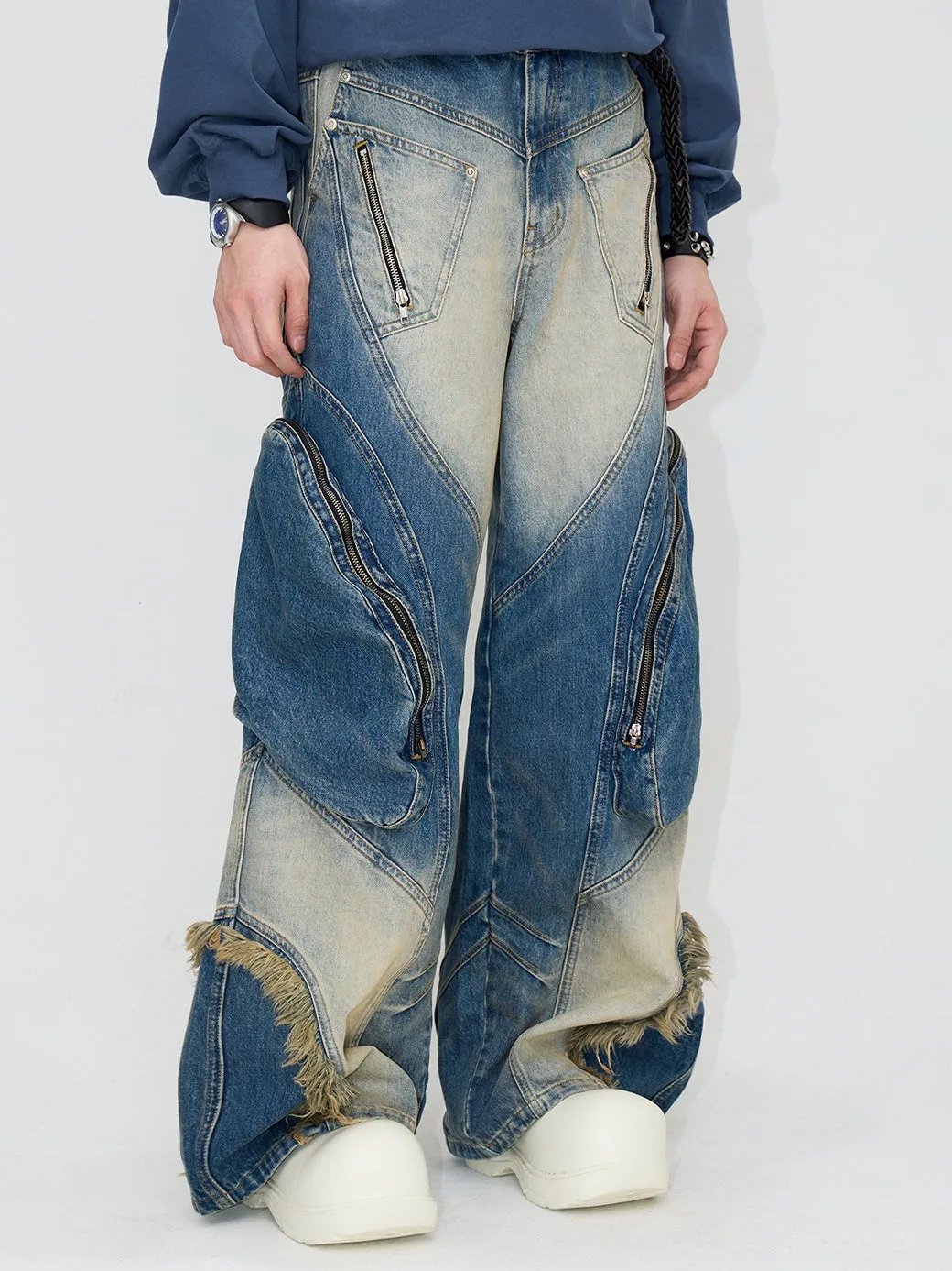 Special-shaped Structure Pocket Bleached Dyed Loose Jeans