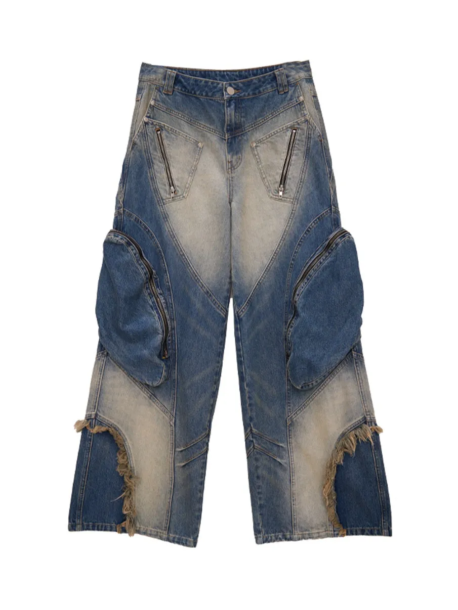 Special-shaped Structure Pocket Bleached Dyed Loose Jeans