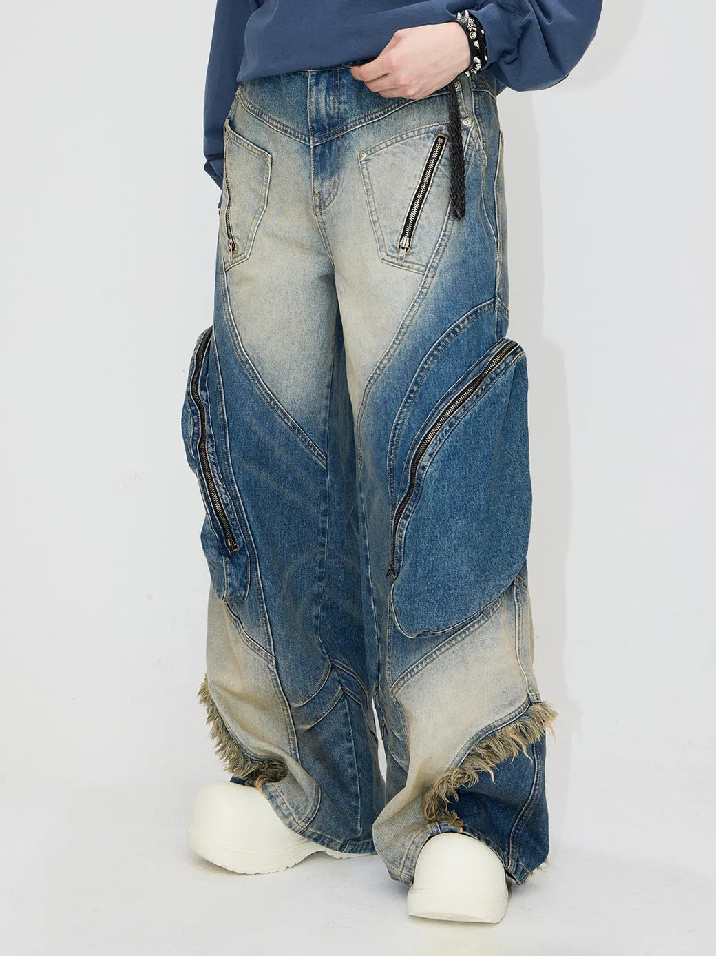 Special-shaped Structure Pocket Bleached Dyed Loose Jeans