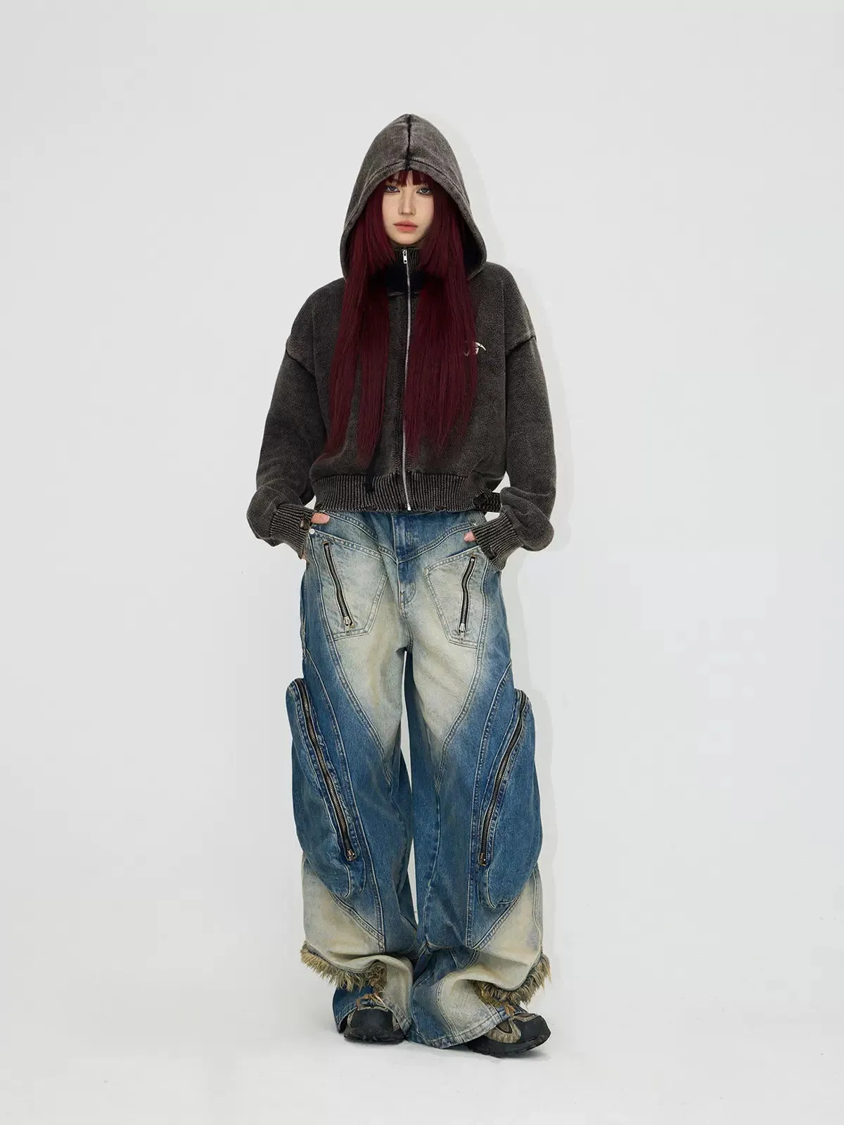 Special-shaped Structure Pocket Bleached Dyed Loose Jeans