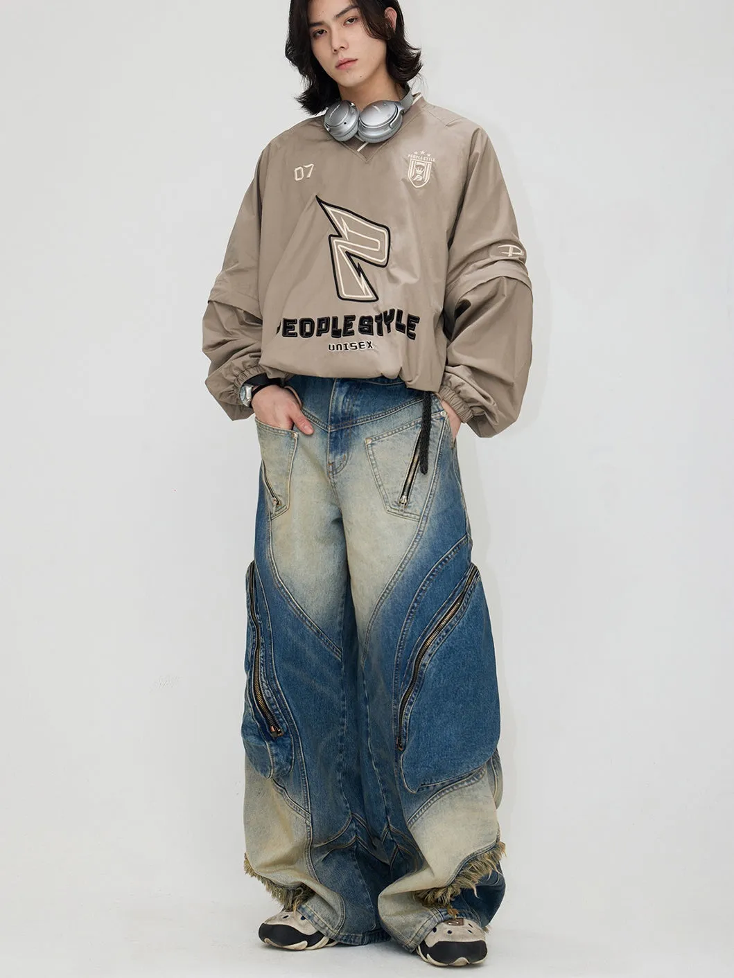 Special-shaped Structure Pocket Bleached Dyed Loose Jeans