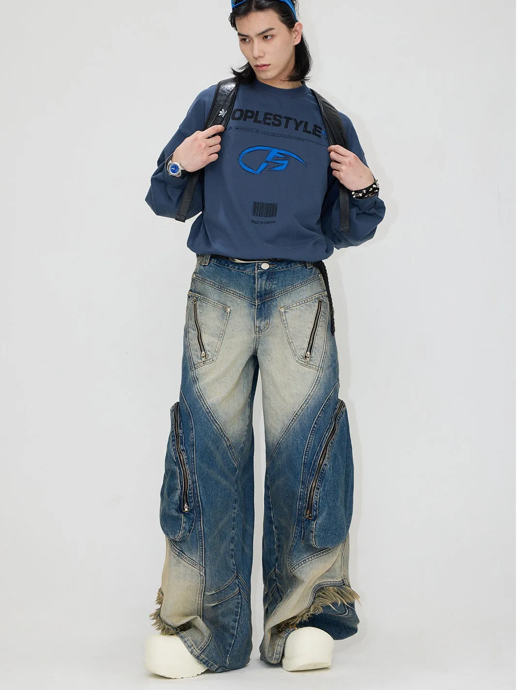 Special-shaped Structure Pocket Bleached Dyed Loose Jeans