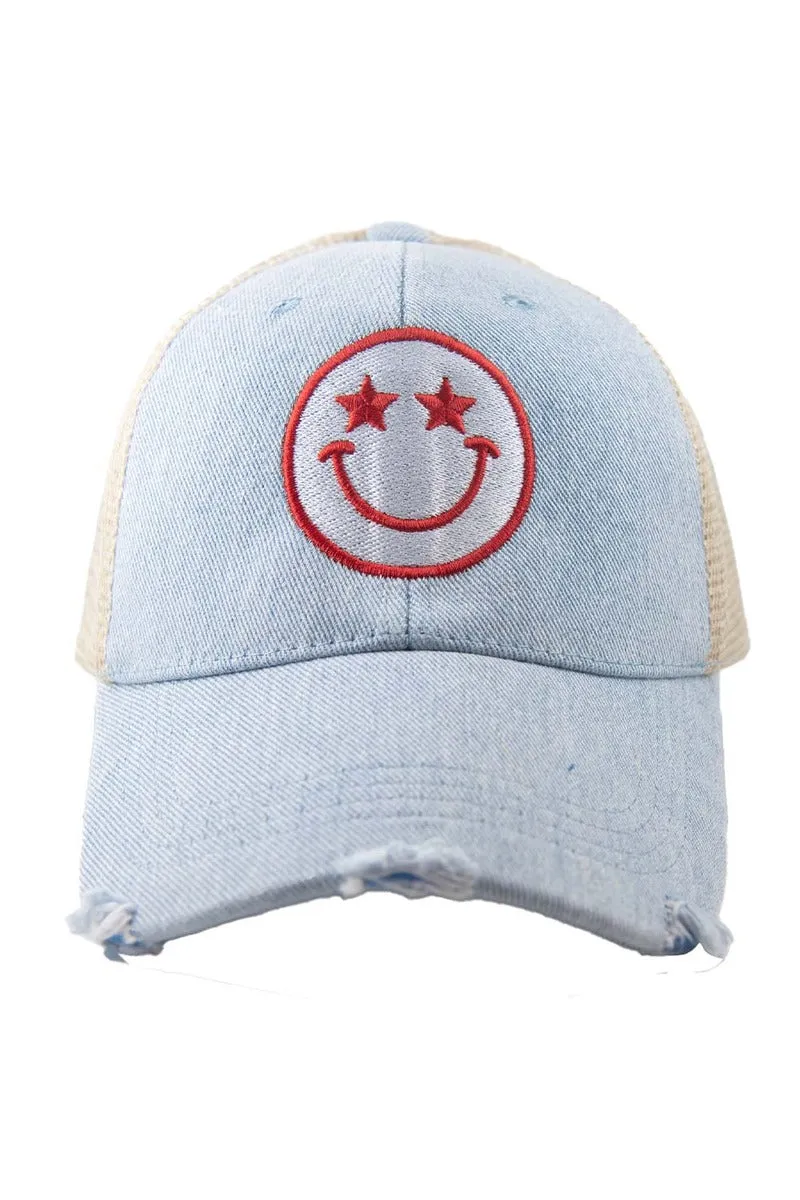 Star Eyed Happy Face Denim Embroidered Trucker Hat