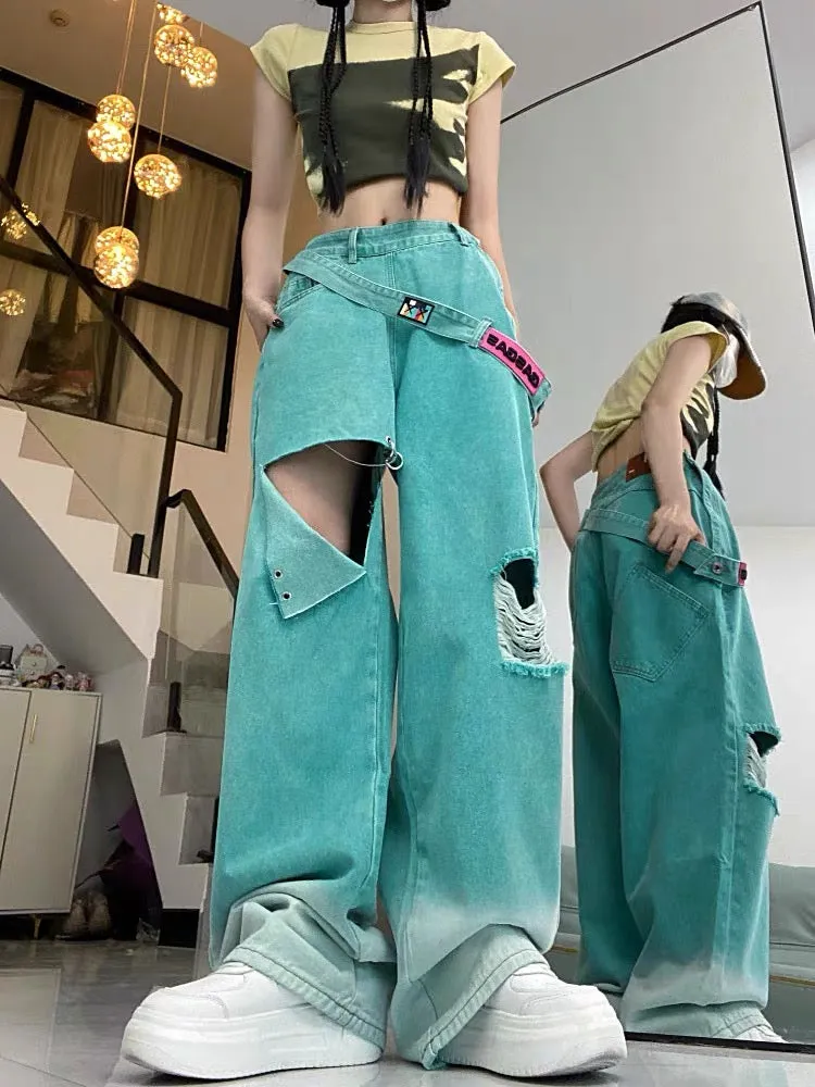 Sweet cool style dopamine jeans for women summer new versatile ripped straight wide leg trousers niche high waist pants