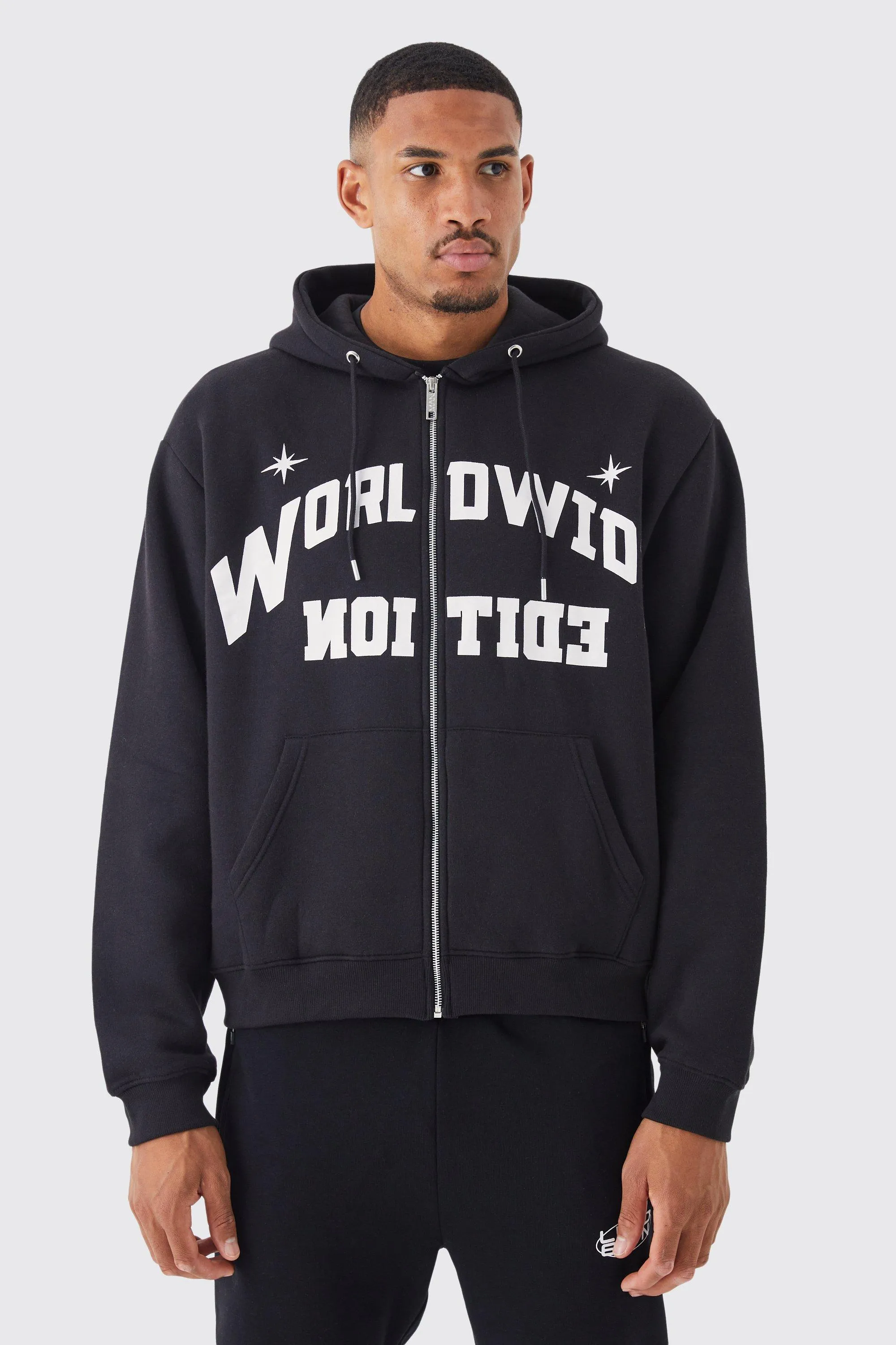 Tall Oversized Boxy Worldwide Zip Through Hoodie | boohooMAN UK