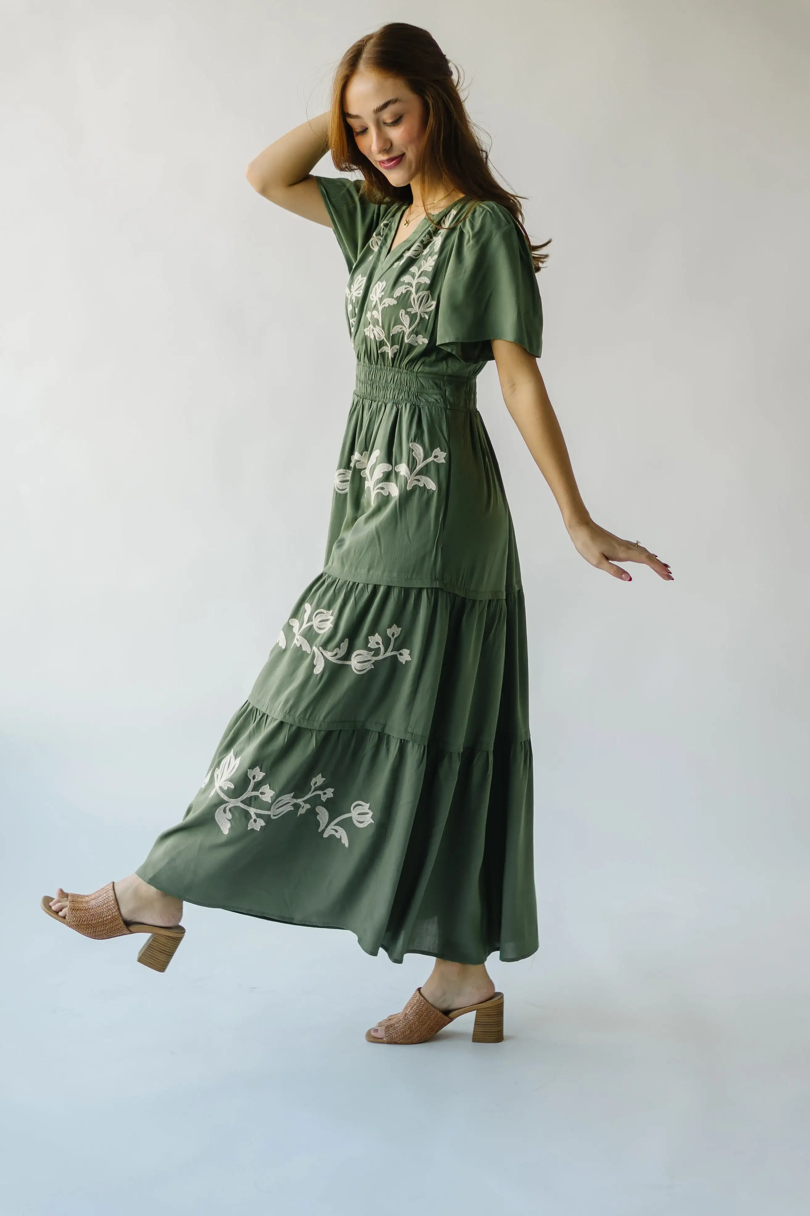 The Radford Embroidered Maxi Dress in Olive (PRE-ORDER: SHIPS IN 3-4 WEEKS)