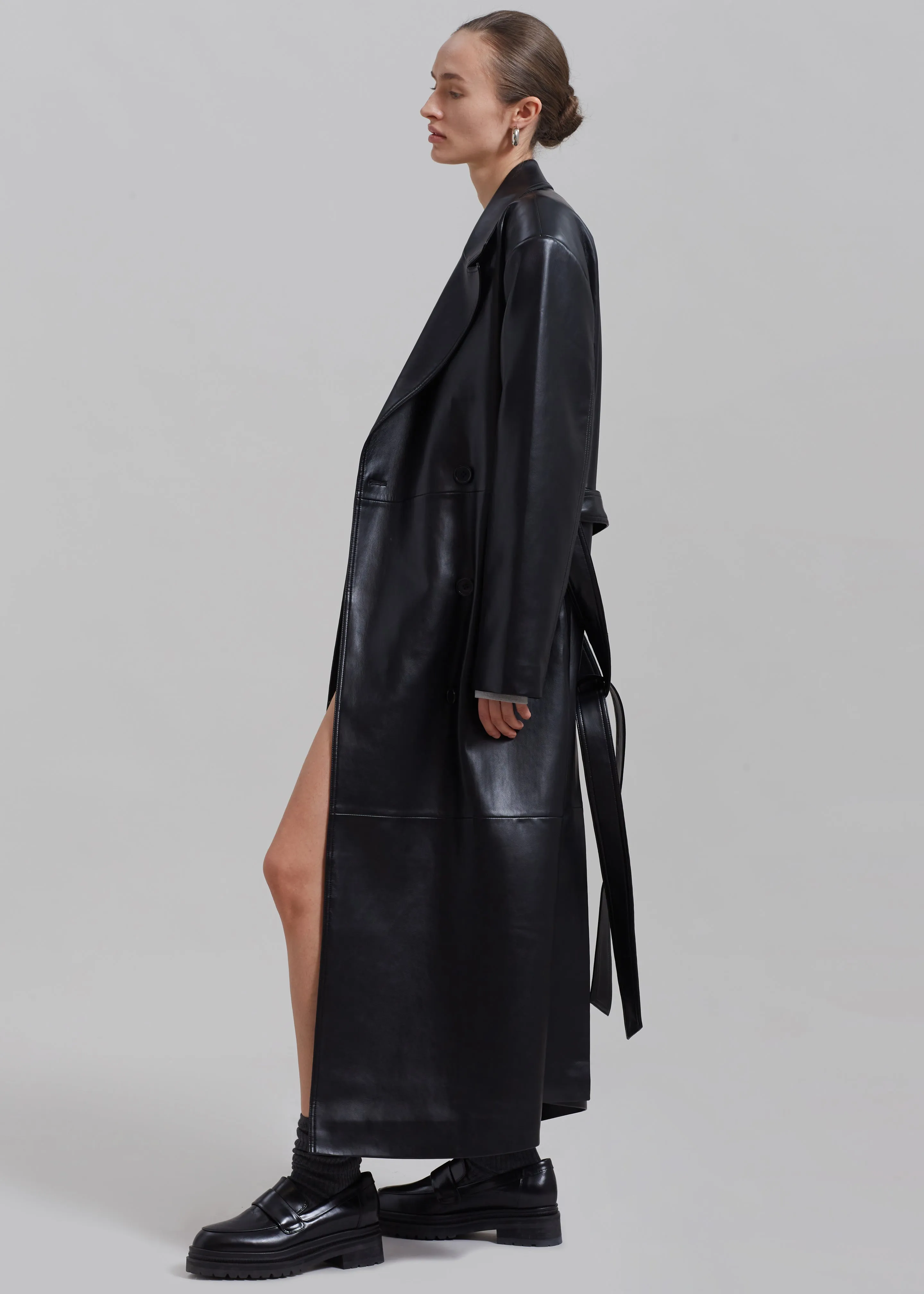 Tina Faux Leather Trench Coat - Black