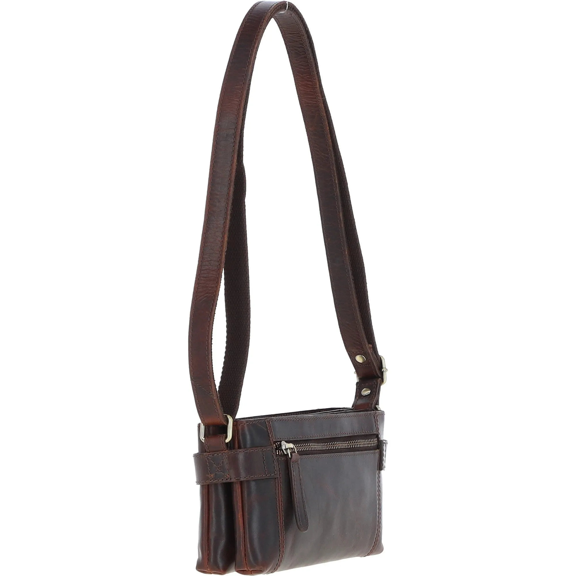 Two Section Zip Top Leather Crossbody Bag Brown: K-44