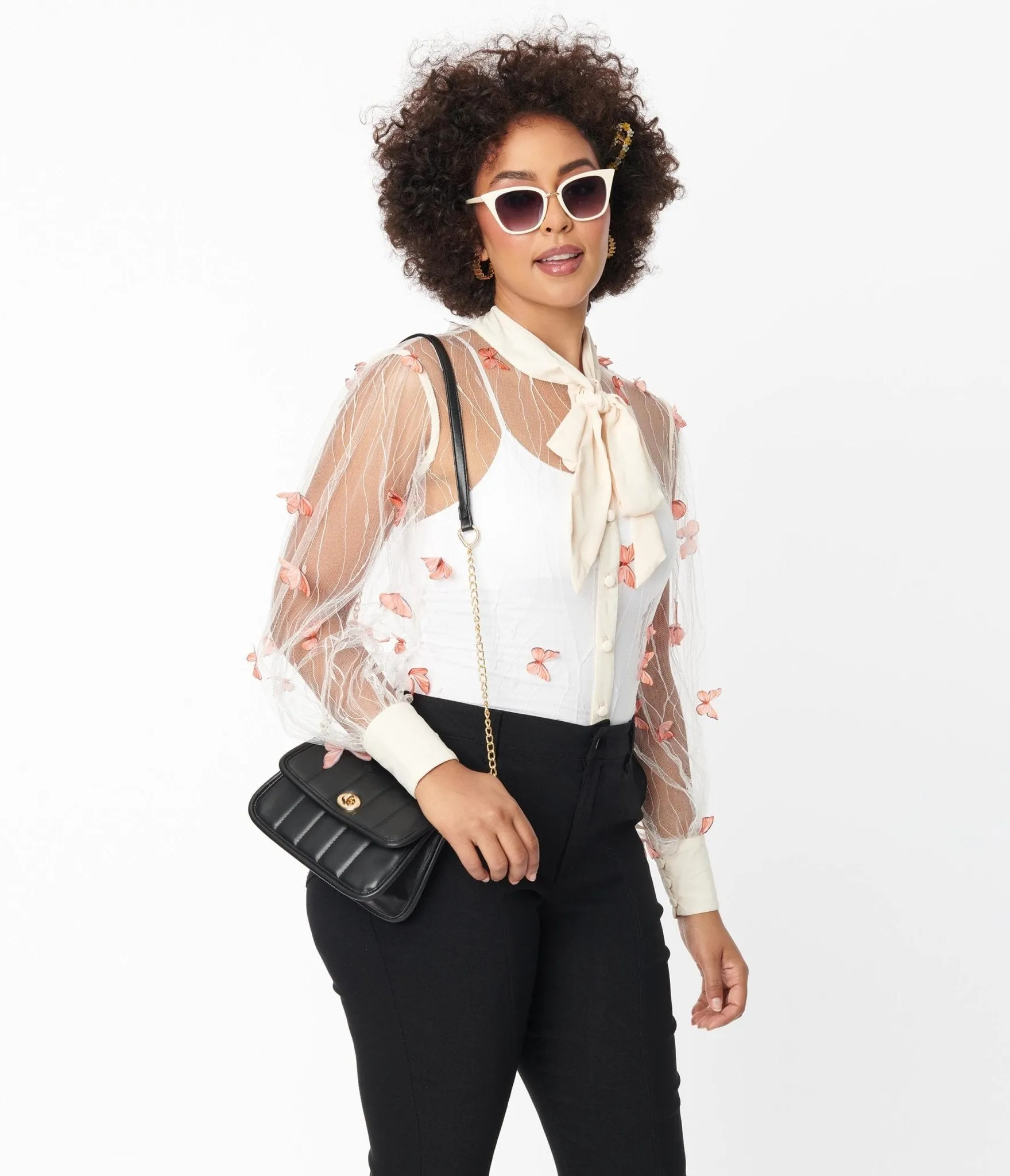 Unique Vintage Ivory & Butterfly Mesh Gwen Blouse