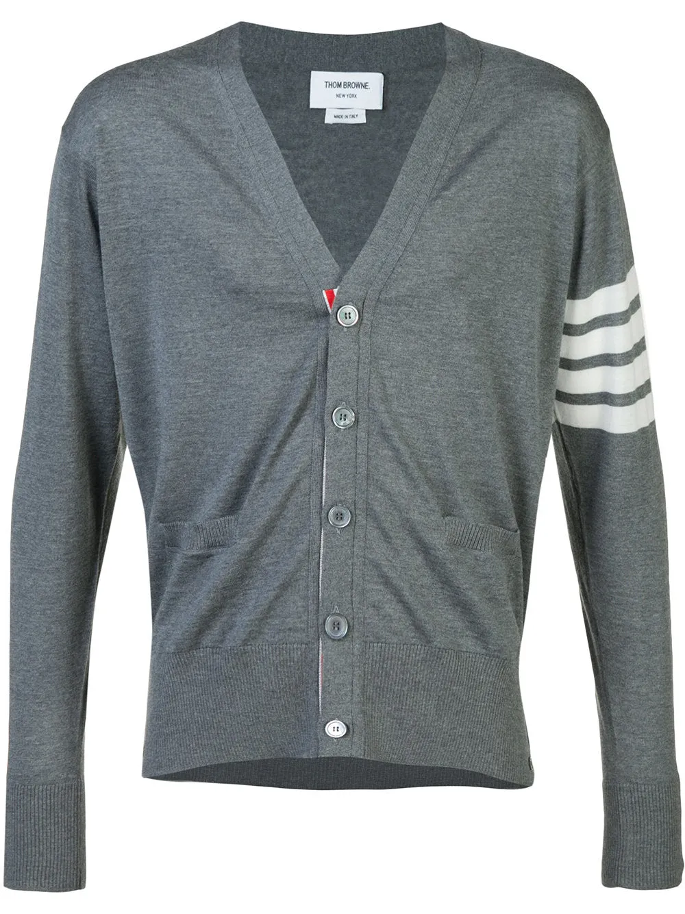 V-Neck Cardigan With 4-Bar Stripe In Medium Grey Merino