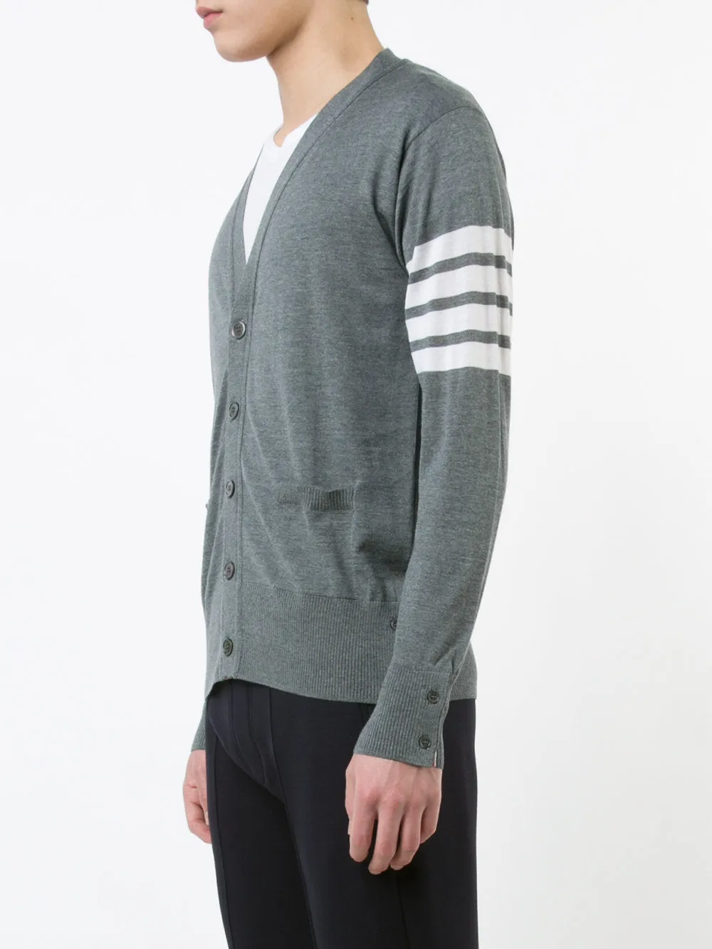 V-Neck Cardigan With 4-Bar Stripe In Medium Grey Merino