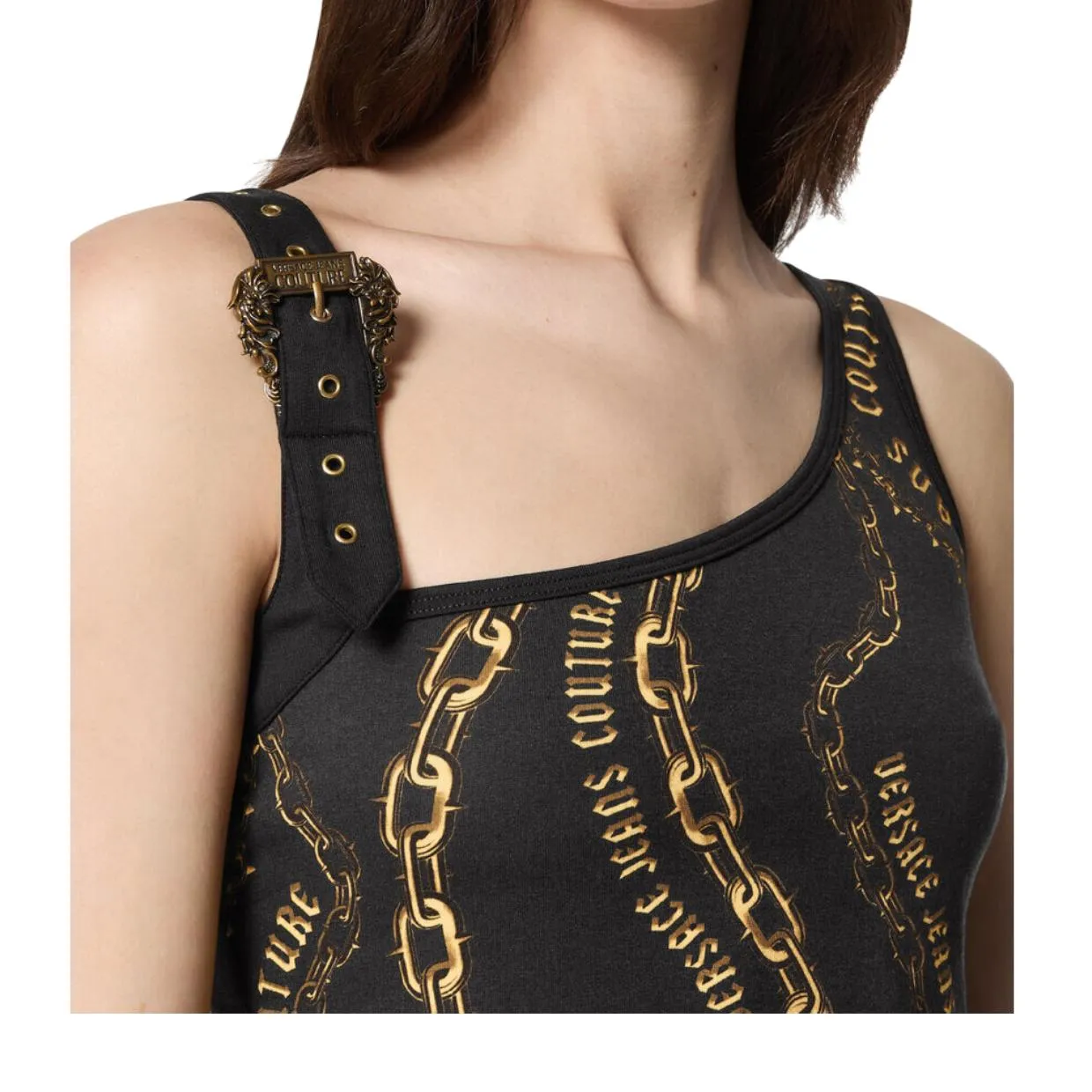 Versace Jeans Couture Black & Gold Chain Couture Baroque Buckle Top