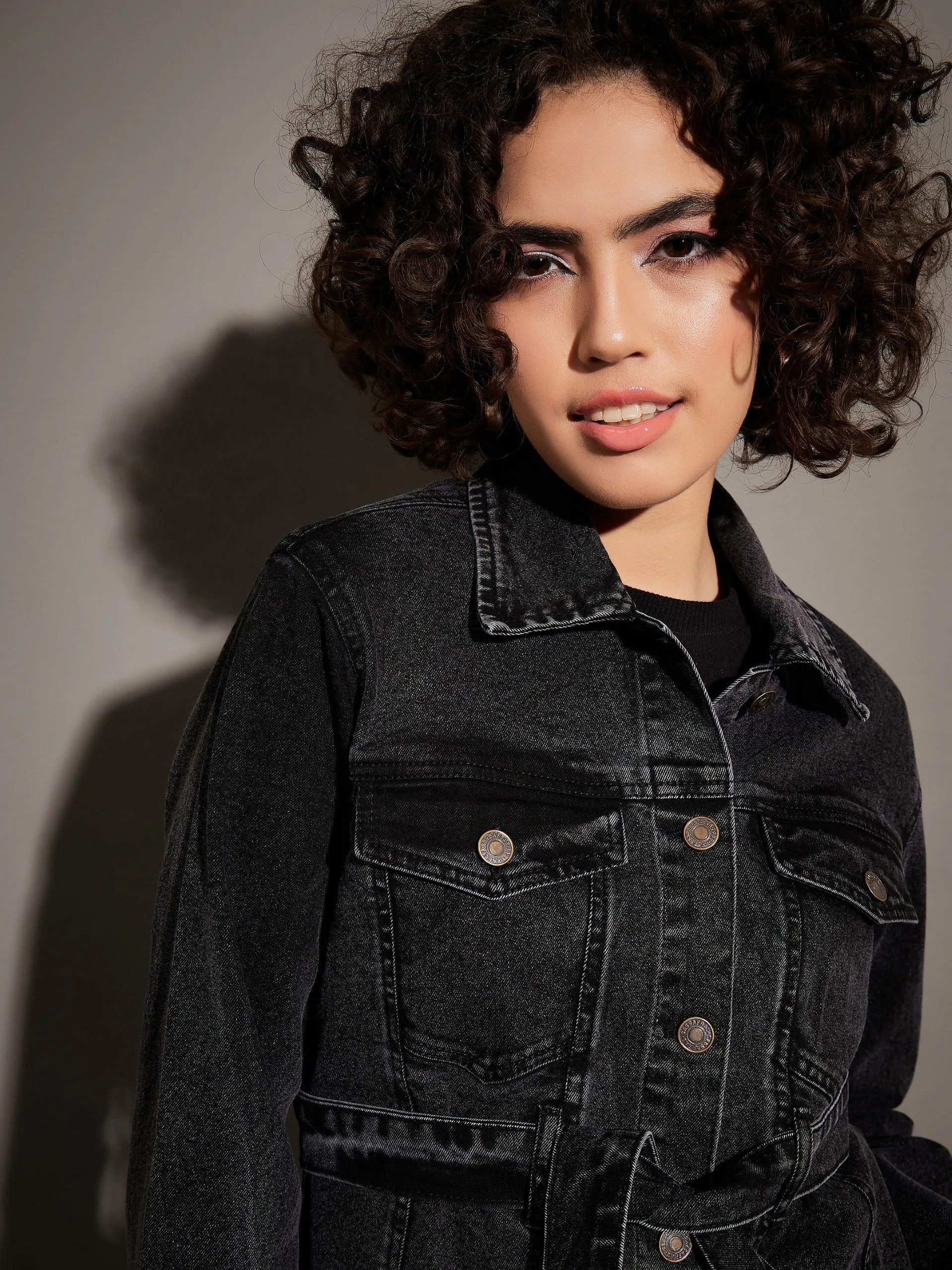 Women Black Washed Denim Belted Jacket