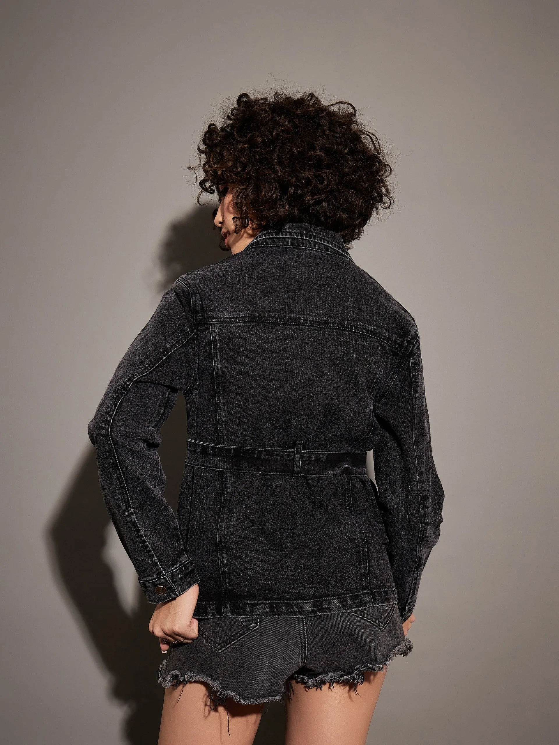 Women Black Washed Denim Belted Jacket