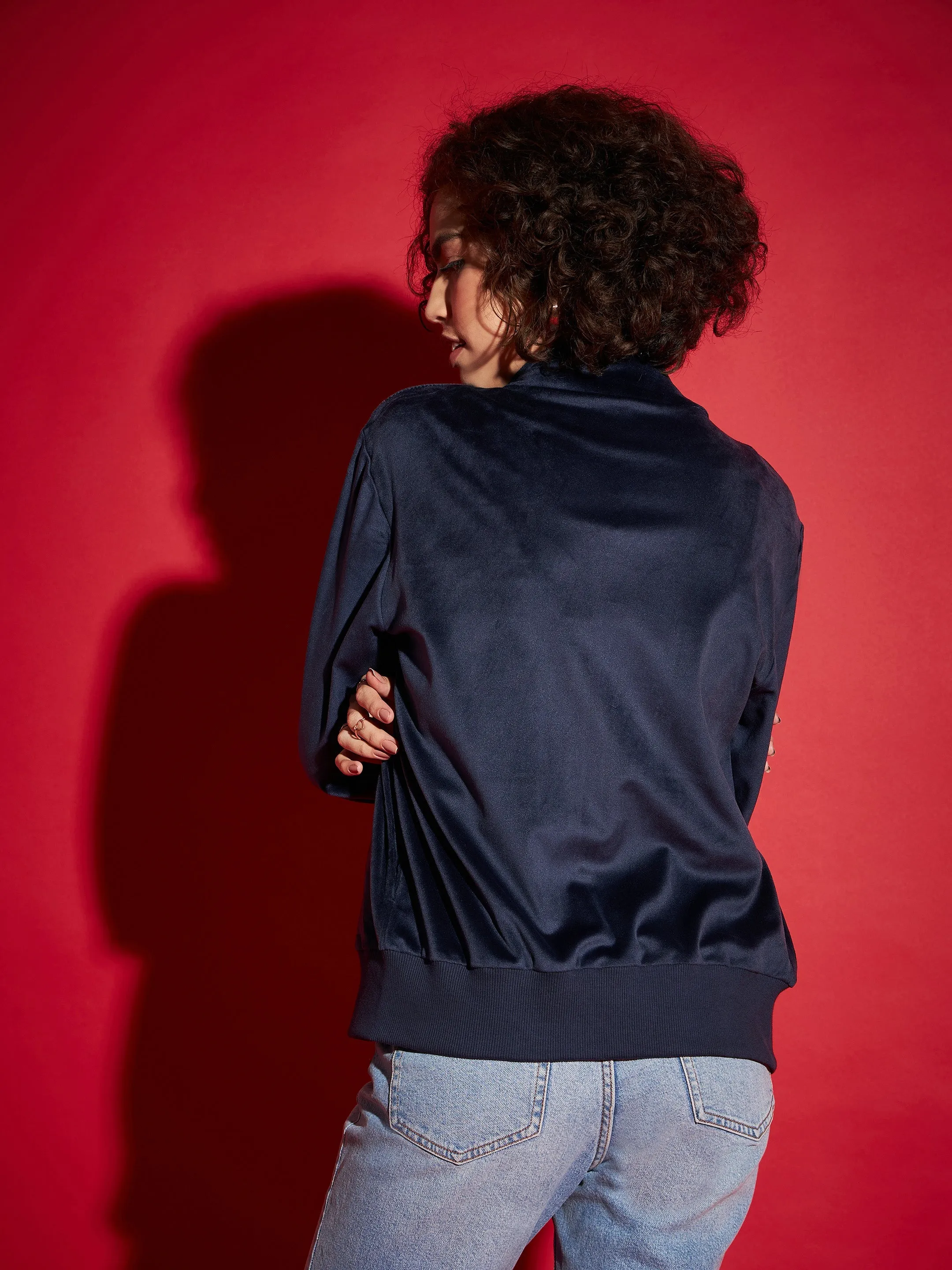 Women Navy Velour Zipper Jacket