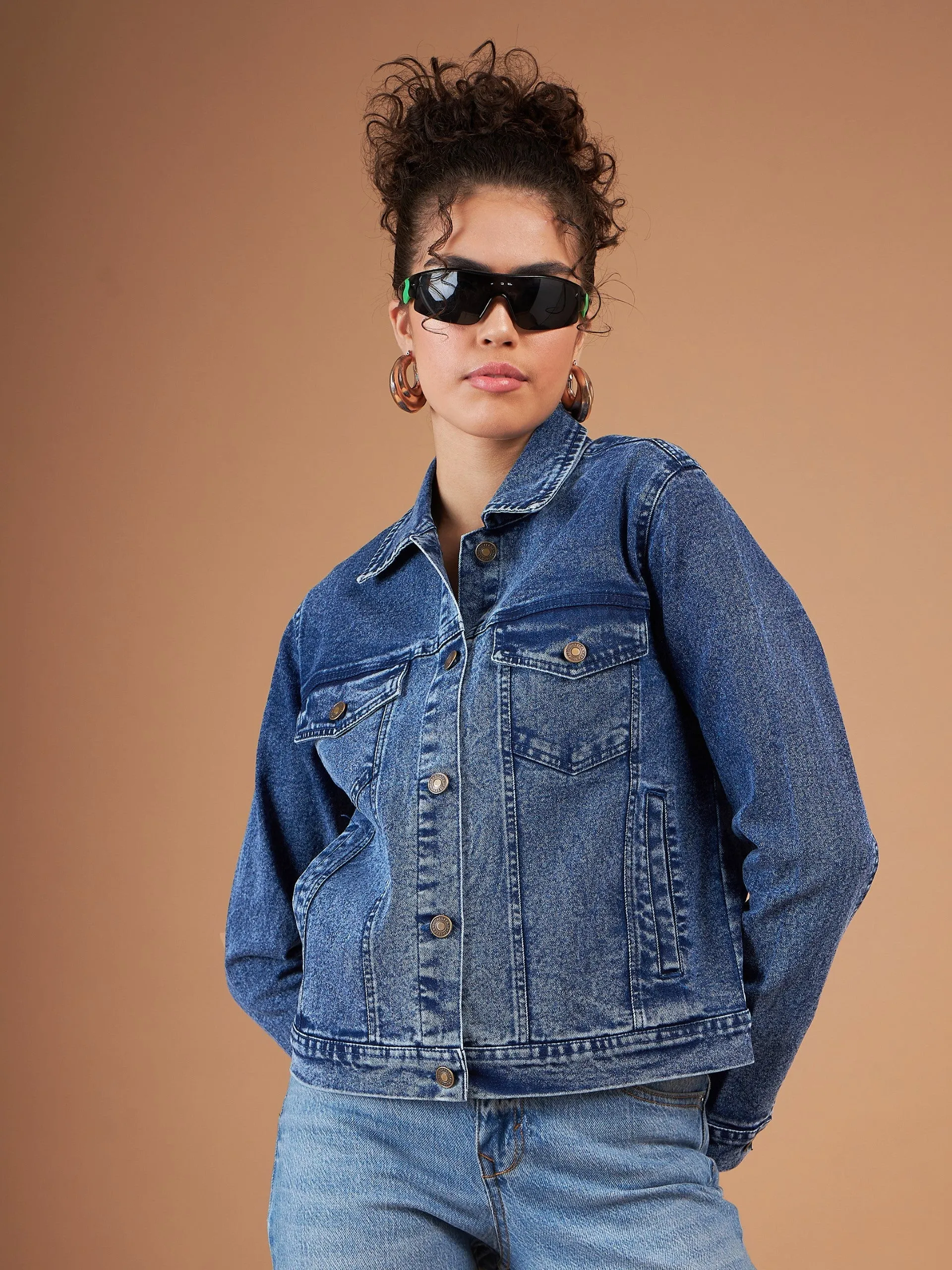 Women Navy Washed Denim Regular Jacket