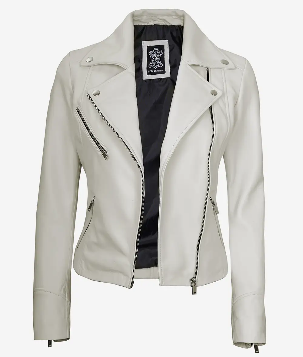 Womens Real Lambskin Leather Off White Moto Jacket