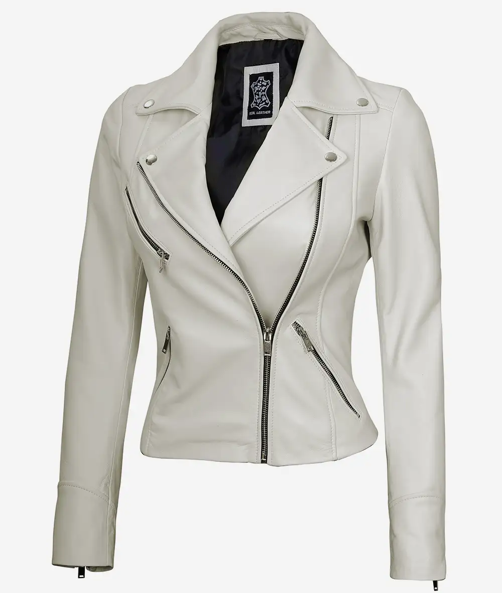 Womens Real Lambskin Leather Off White Moto Jacket