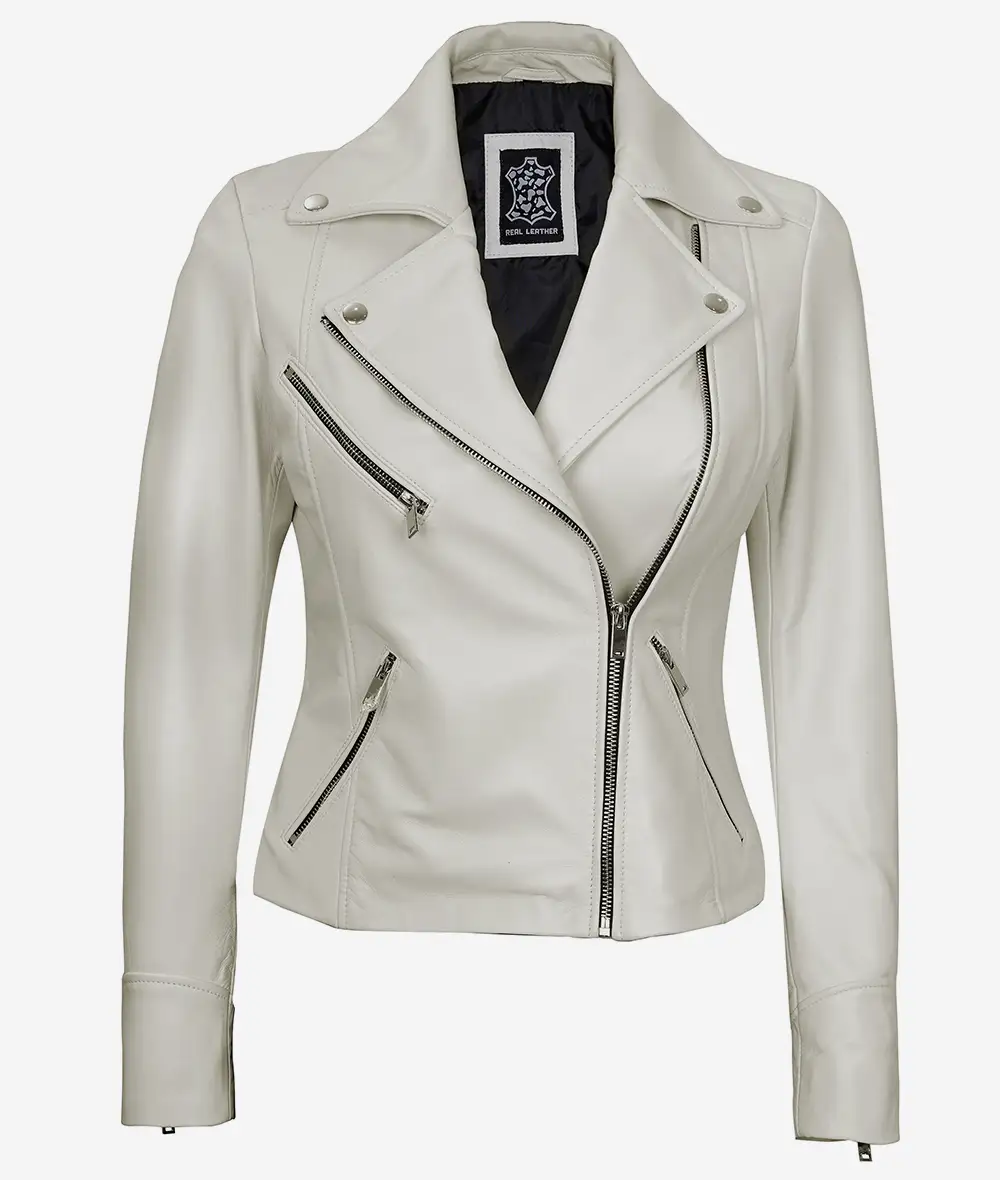 Womens Real Lambskin Leather Off White Moto Jacket