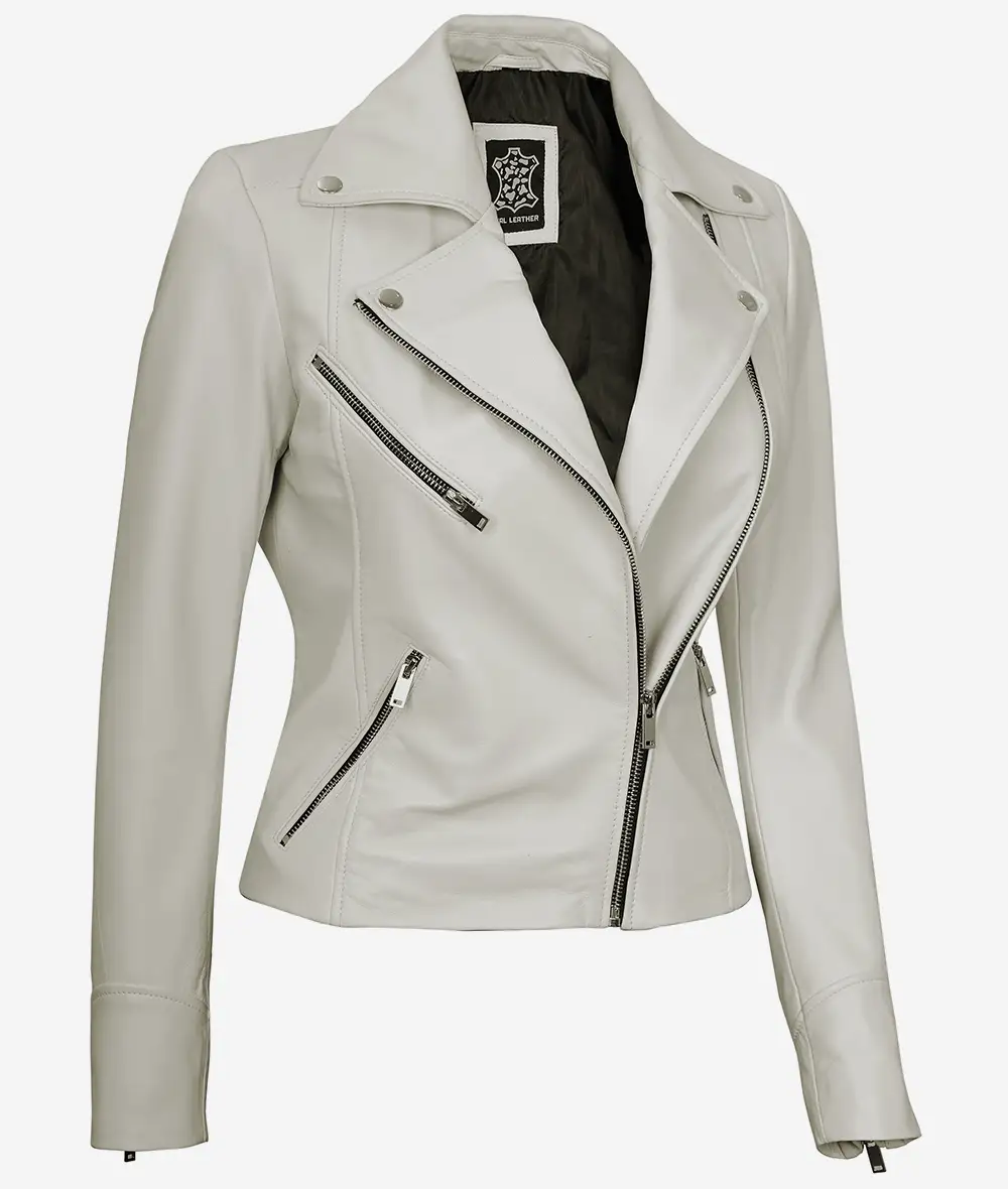 Womens Real Lambskin Leather Off White Moto Jacket