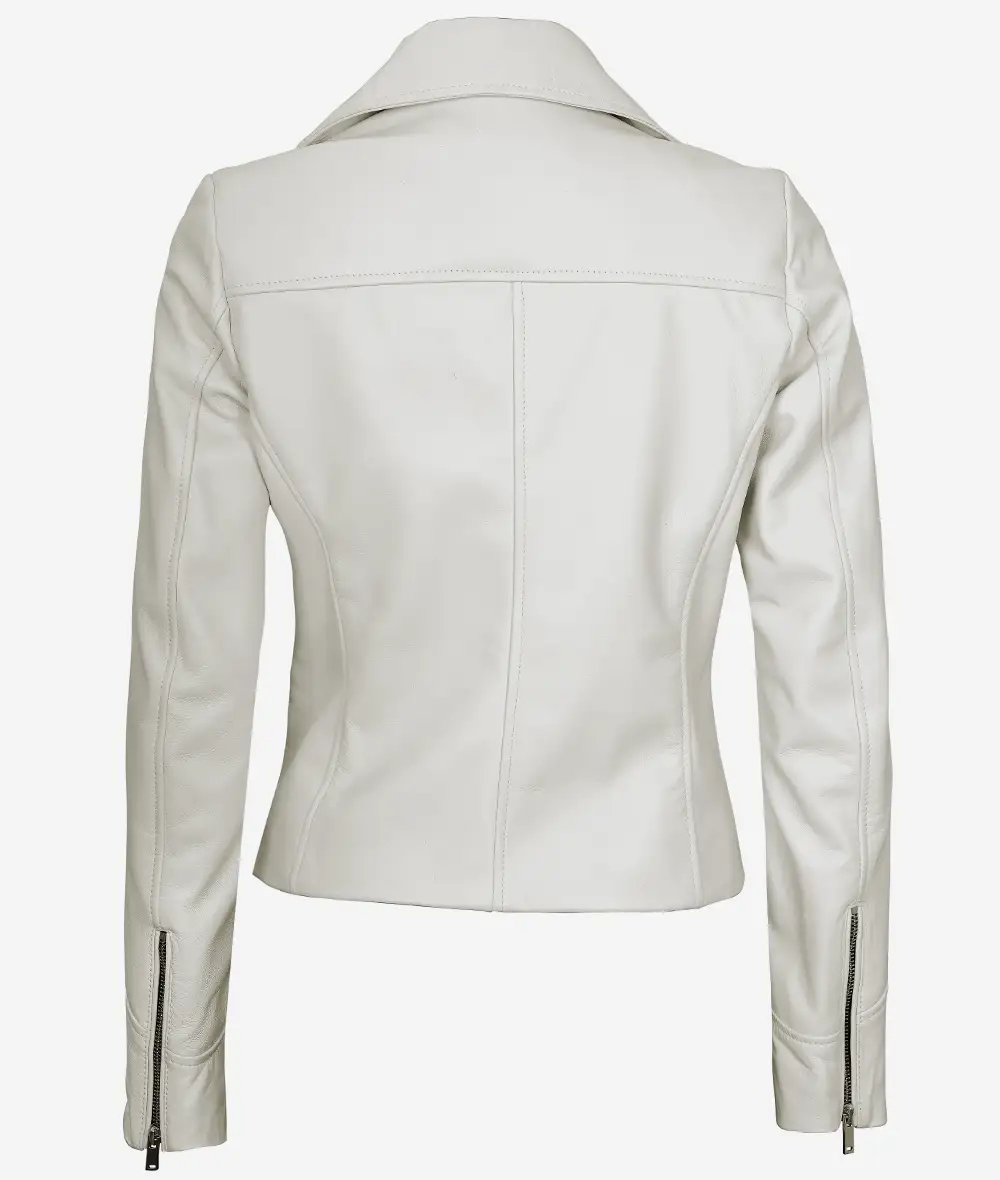 Womens Real Lambskin Leather Off White Moto Jacket