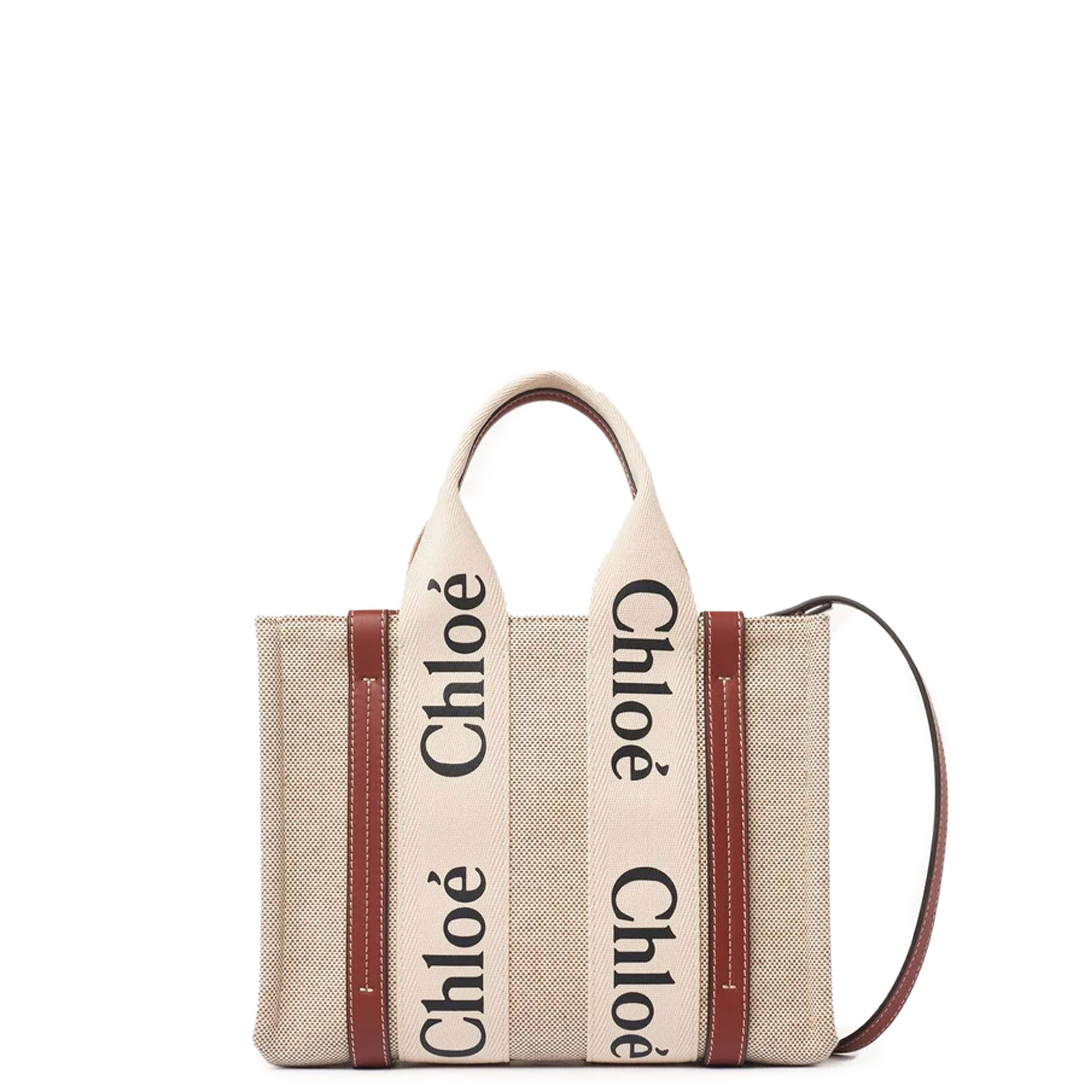 Woody Tote Small Strap Cotton, White/Brown