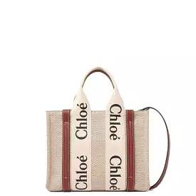 Woody Tote Small Strap Cotton, White/Brown